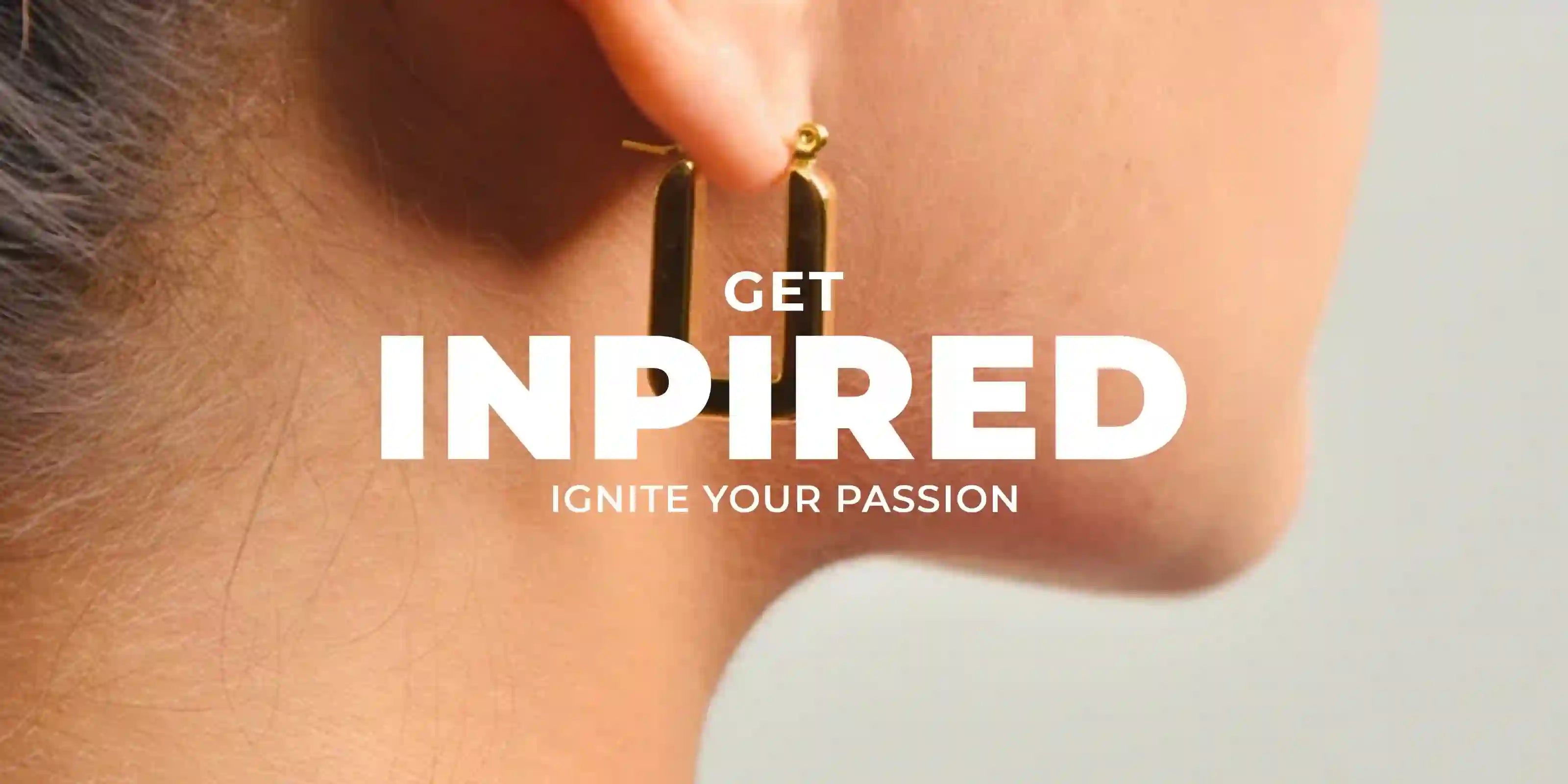 woman wearing 18k Gold Plated rectangular hoop earrings close-up with inspiring text