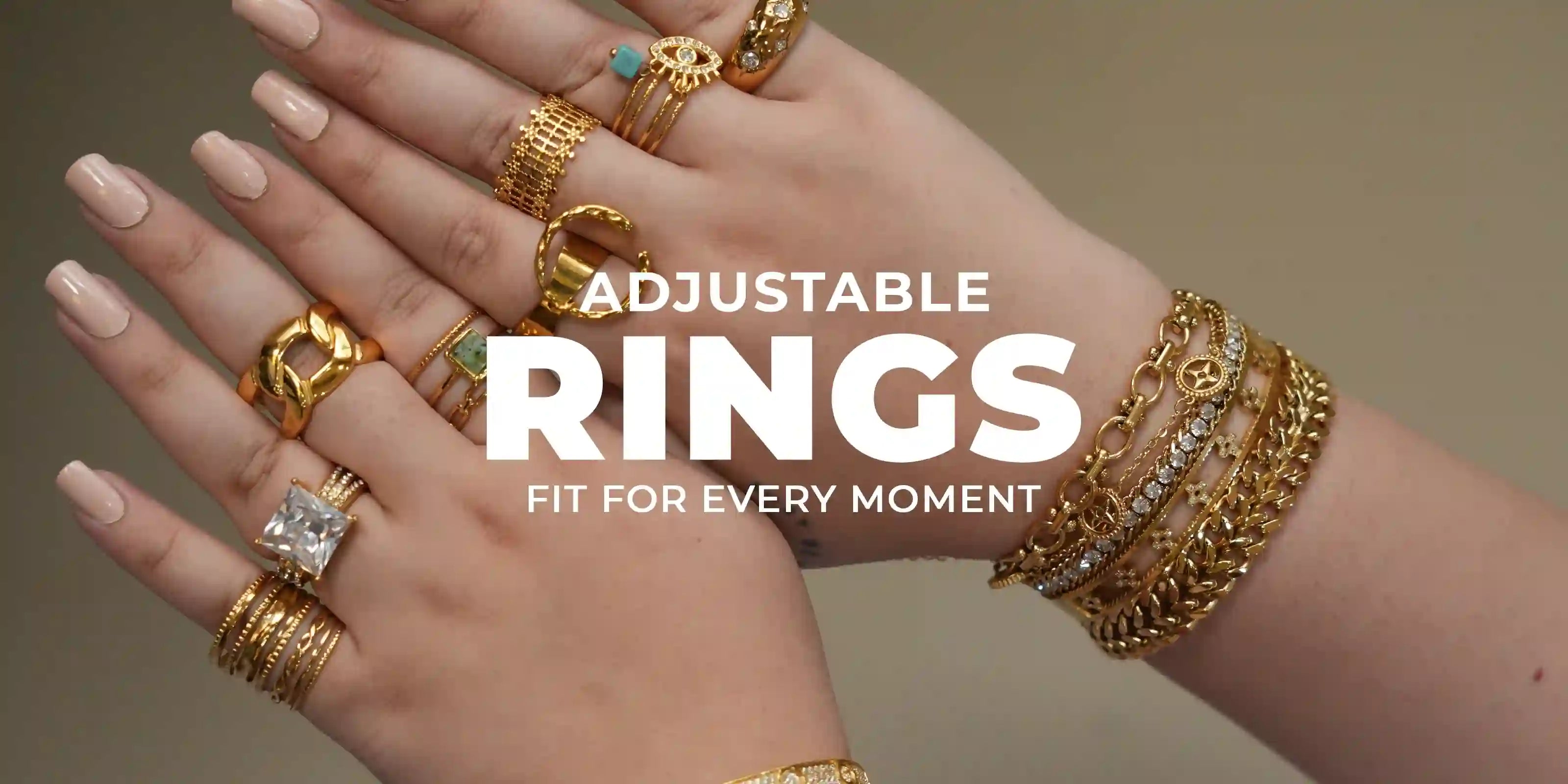 woman wearing 18k Gold Plated Adjustable Rings showcasing various gold rings and bracelets on hand