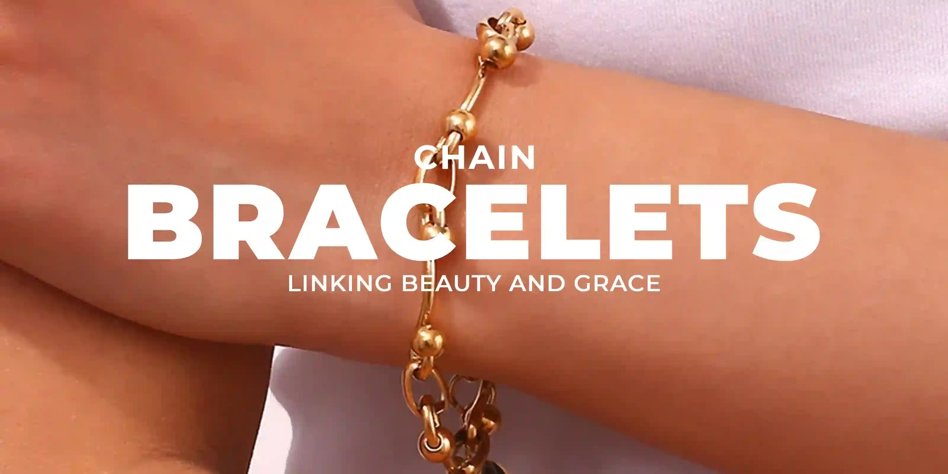 woman wearing 18k Gold Plated chain bracelet with round bead links on wrist