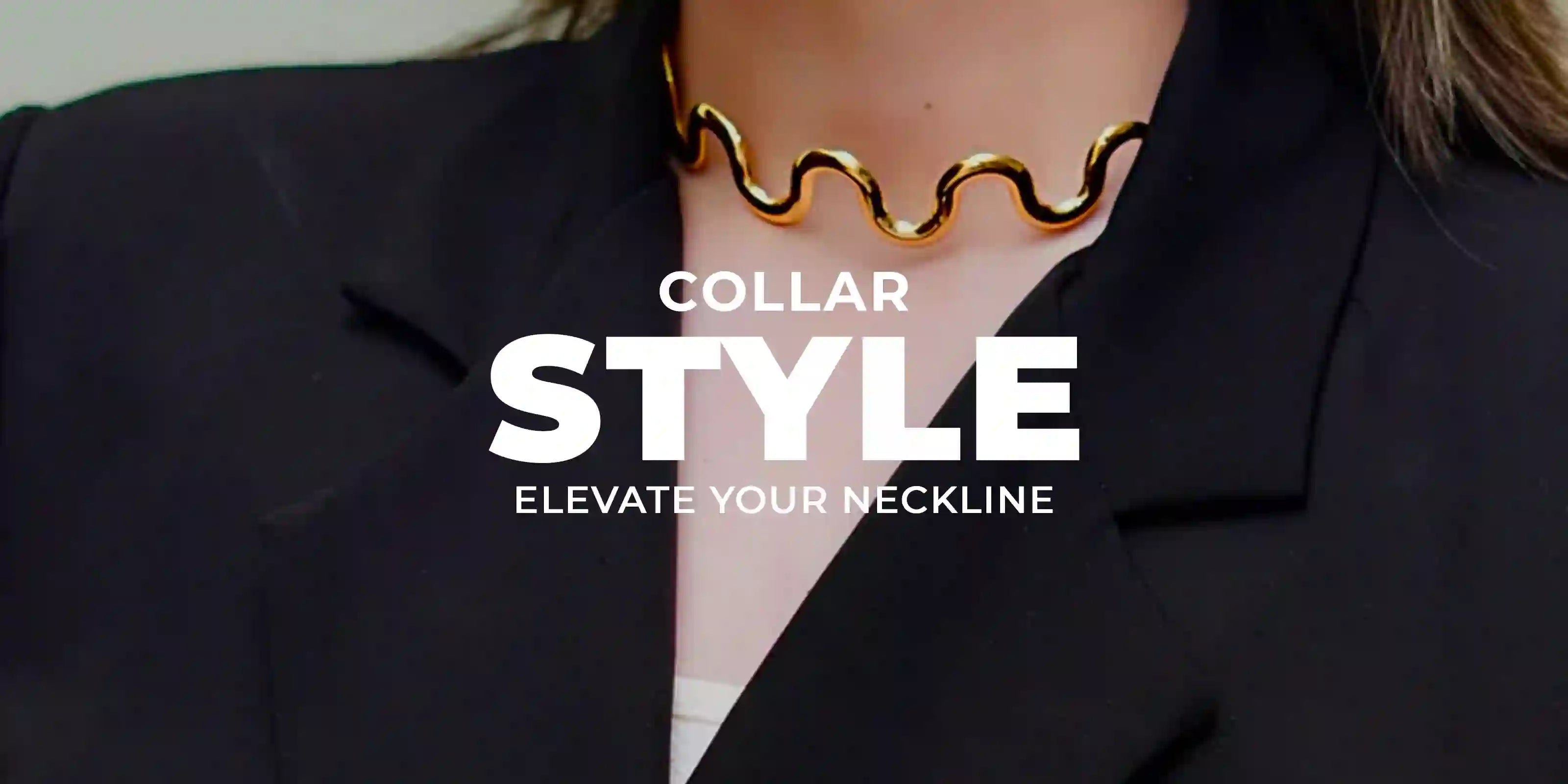 woman wearing 18k Gold Plated Collar Style statement necklace with black blazer