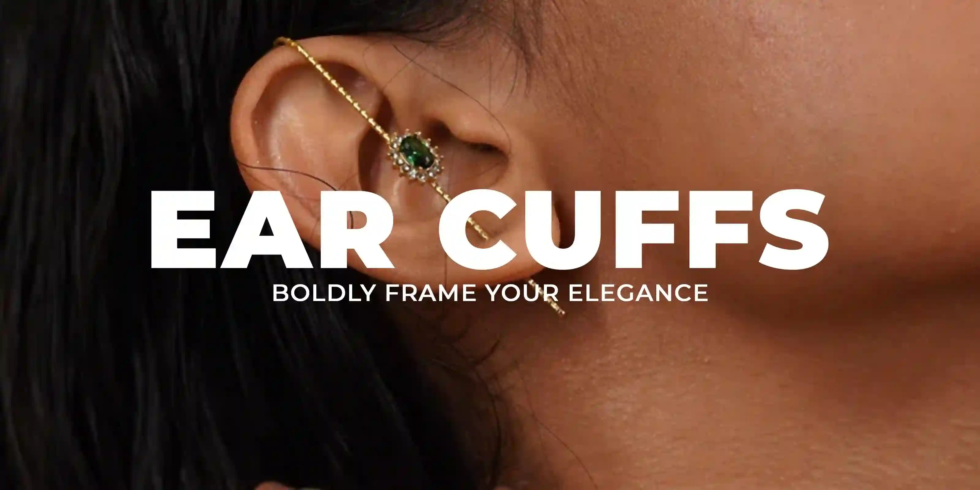 woman wearing 18k Gold Plated ear cuff with green stone and chain on ear