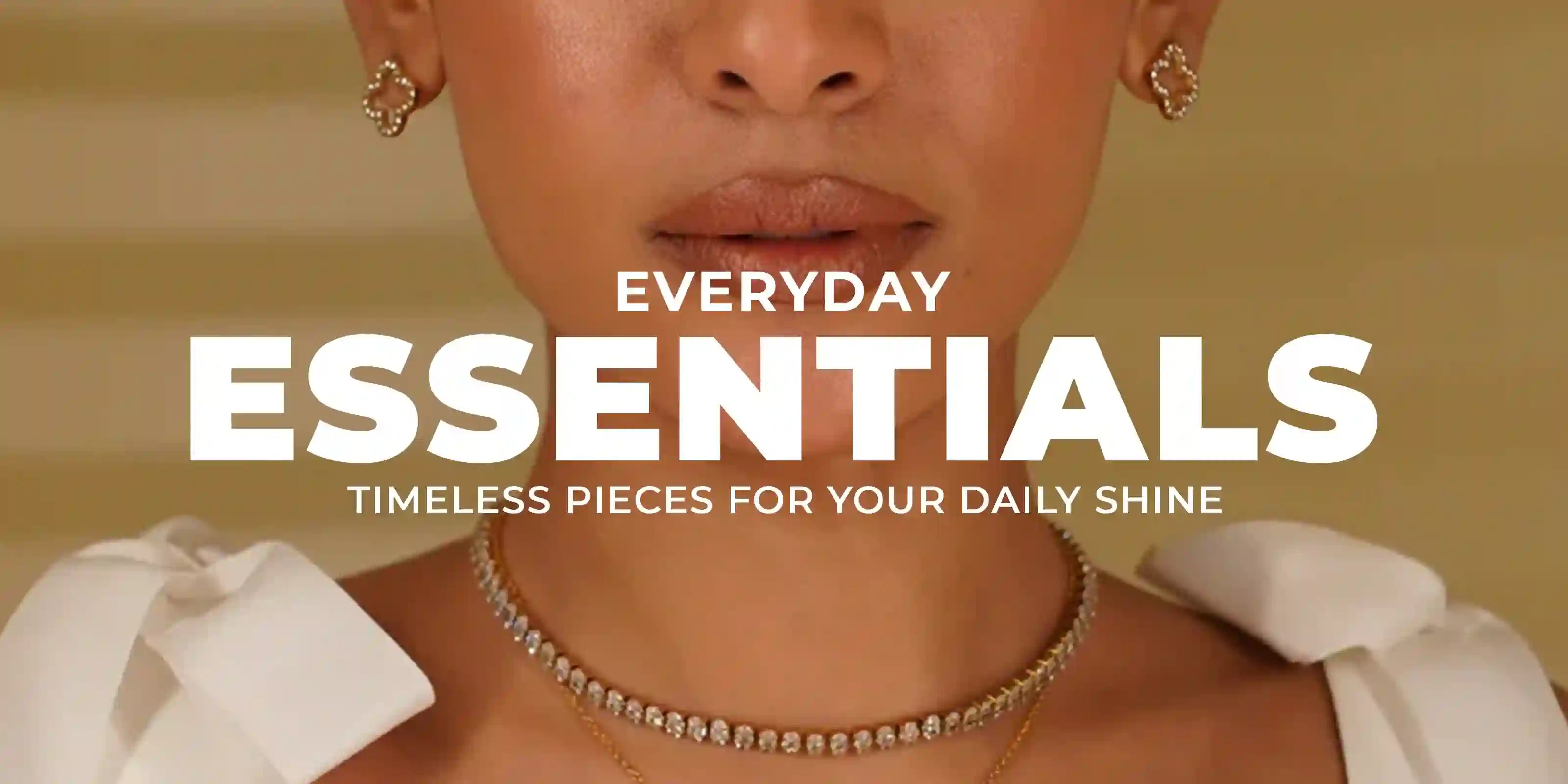 Woman wearing 18k Gold Plated Everyday Essentials earrings and necklace with white bow shoulder top