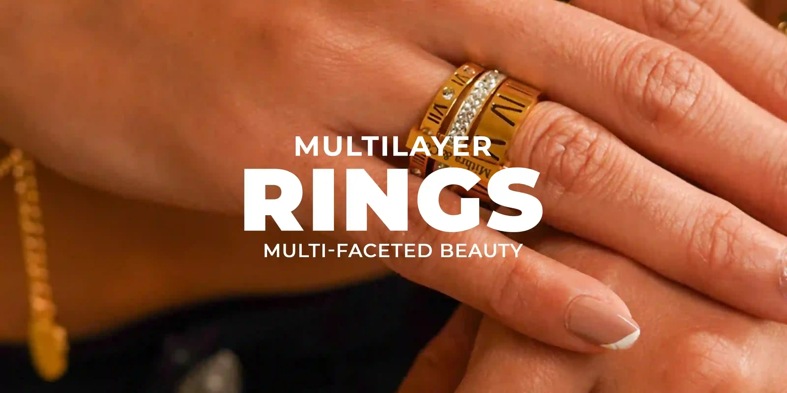 Woman wearing 18k Gold Plated Multilayer Rings stacking gold and silver rings on finger