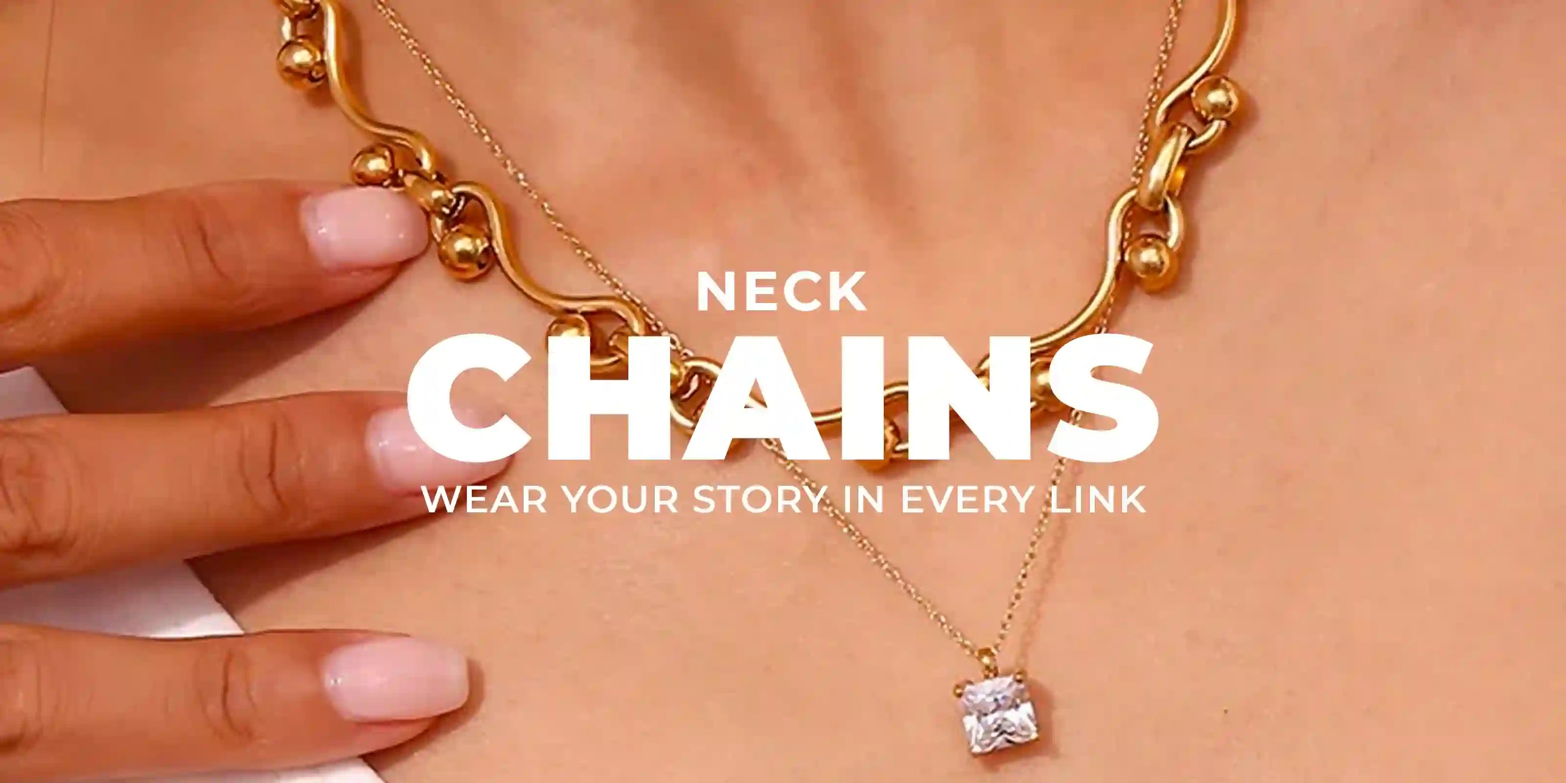 Woman wearing 18k Gold Plated neck chains with chunky and pendant designs on bare skin