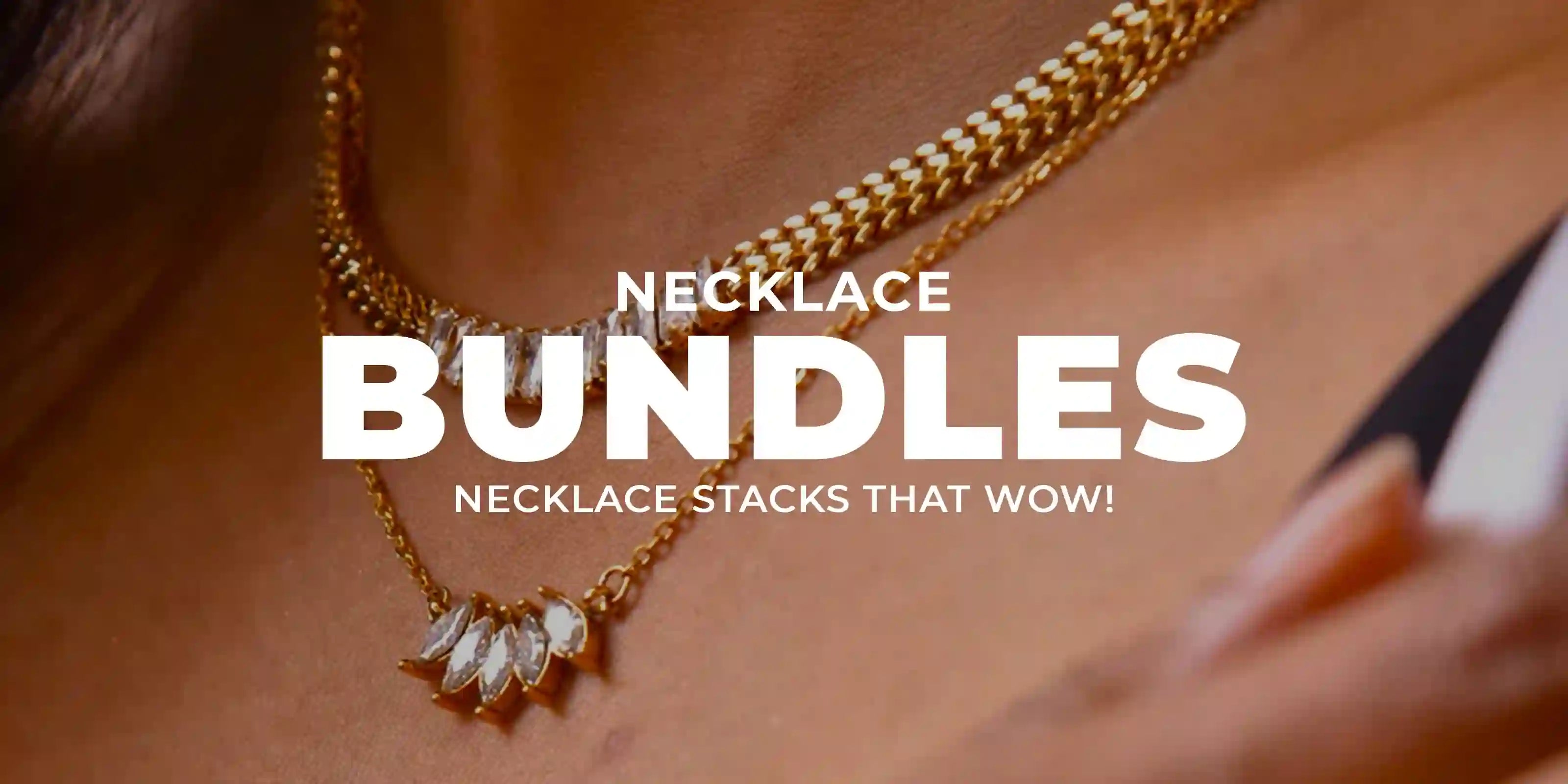 woman wearing 18k Gold Plated Necklace Bundles with layered gold chains and crystal pendants