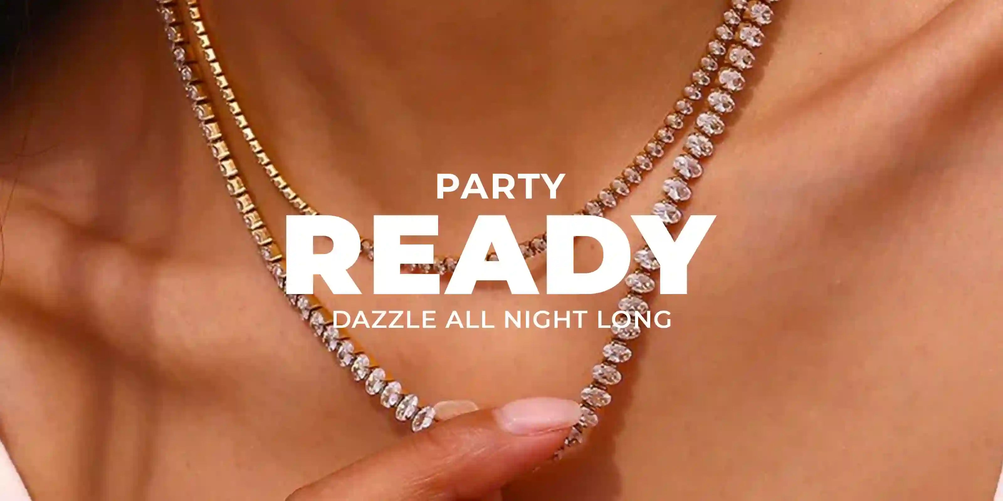 Woman wearing 18k Gold Plated Party Ready layered necklaces with sparkling crystals