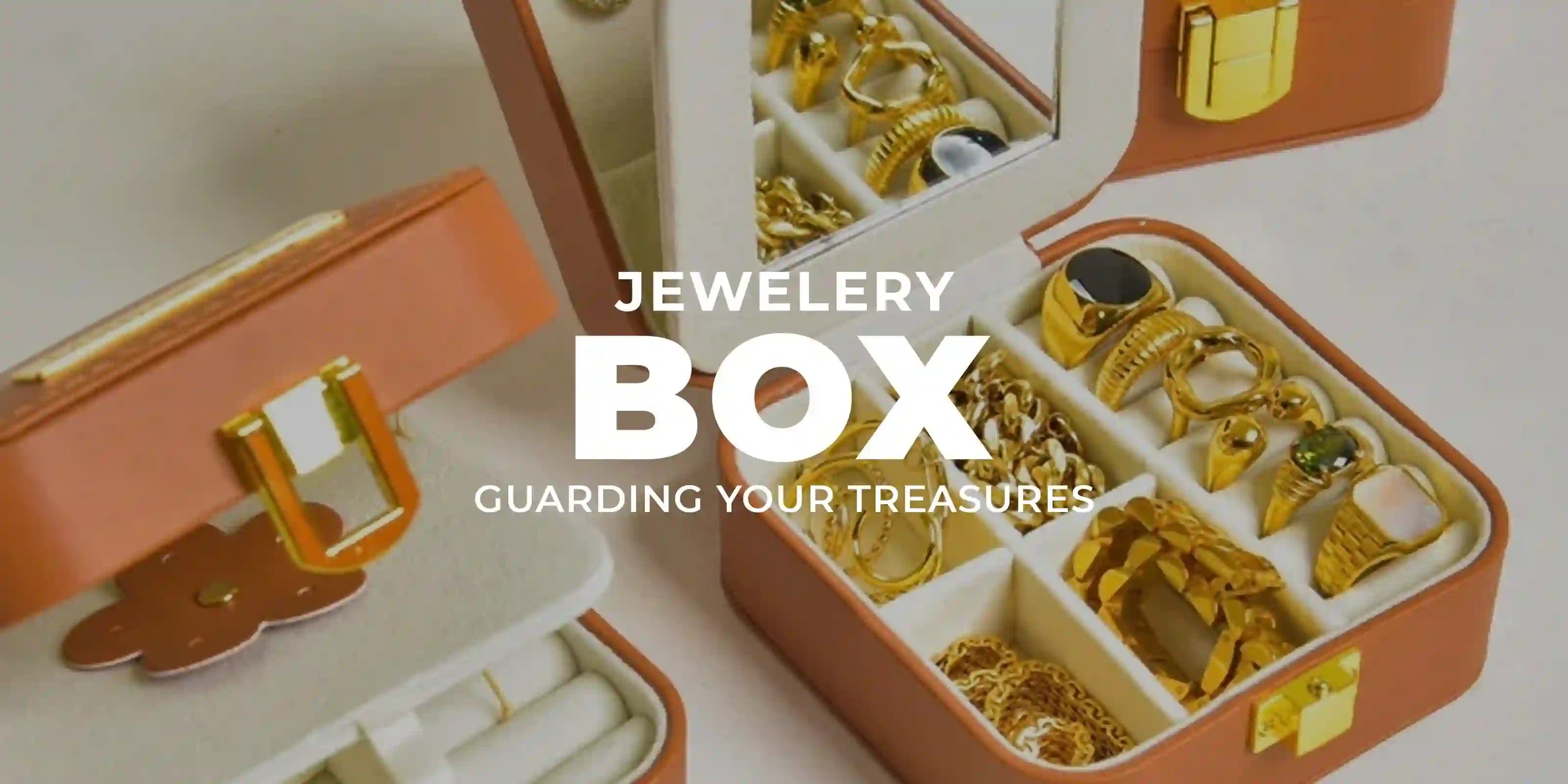 Brown jewelry box with gold rings and chains neatly organized in compartments