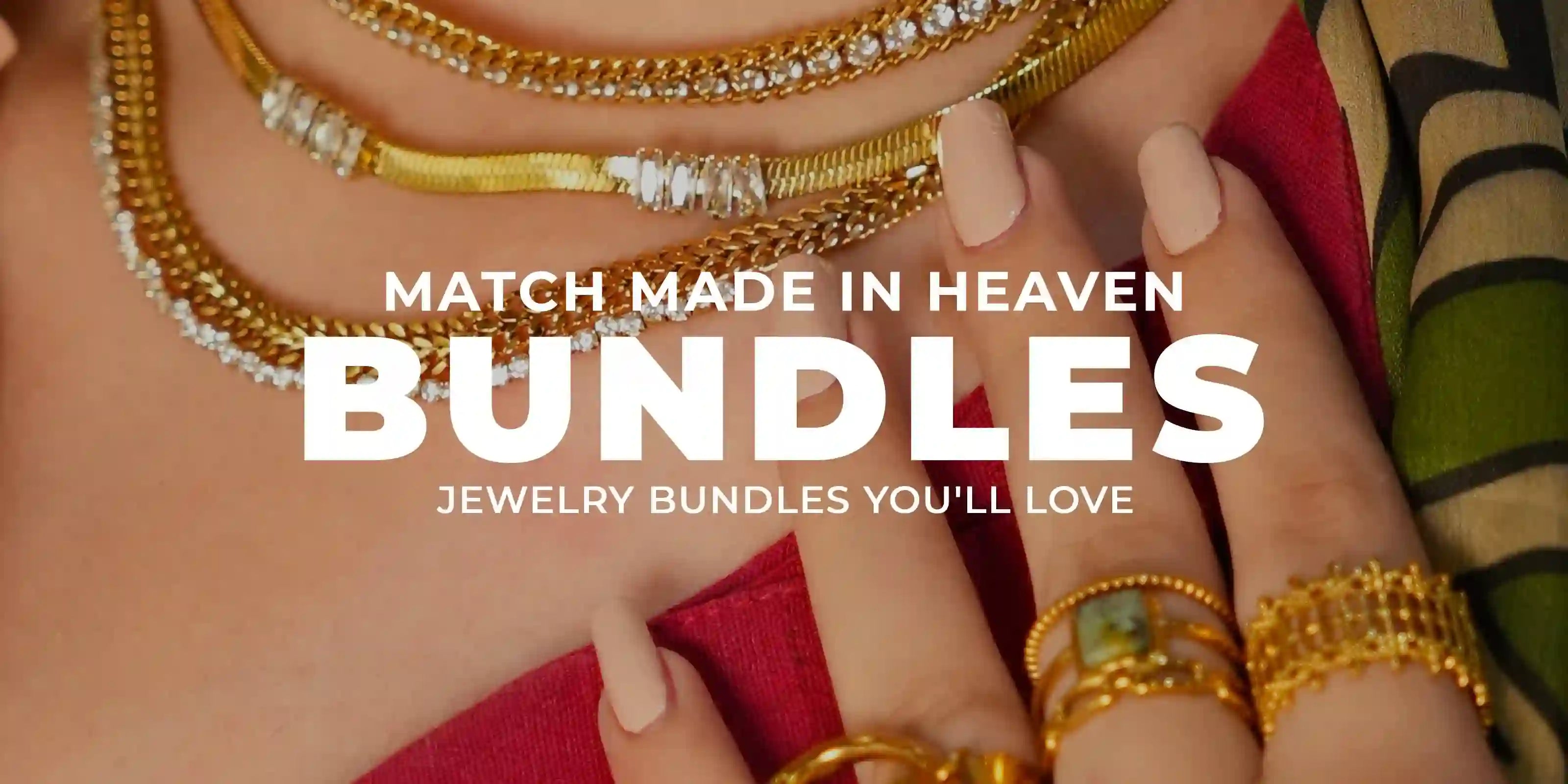 Woman wearing 18k Gold Plated jewelry bundles with rings and layered necklaces on red and patterned fabric background