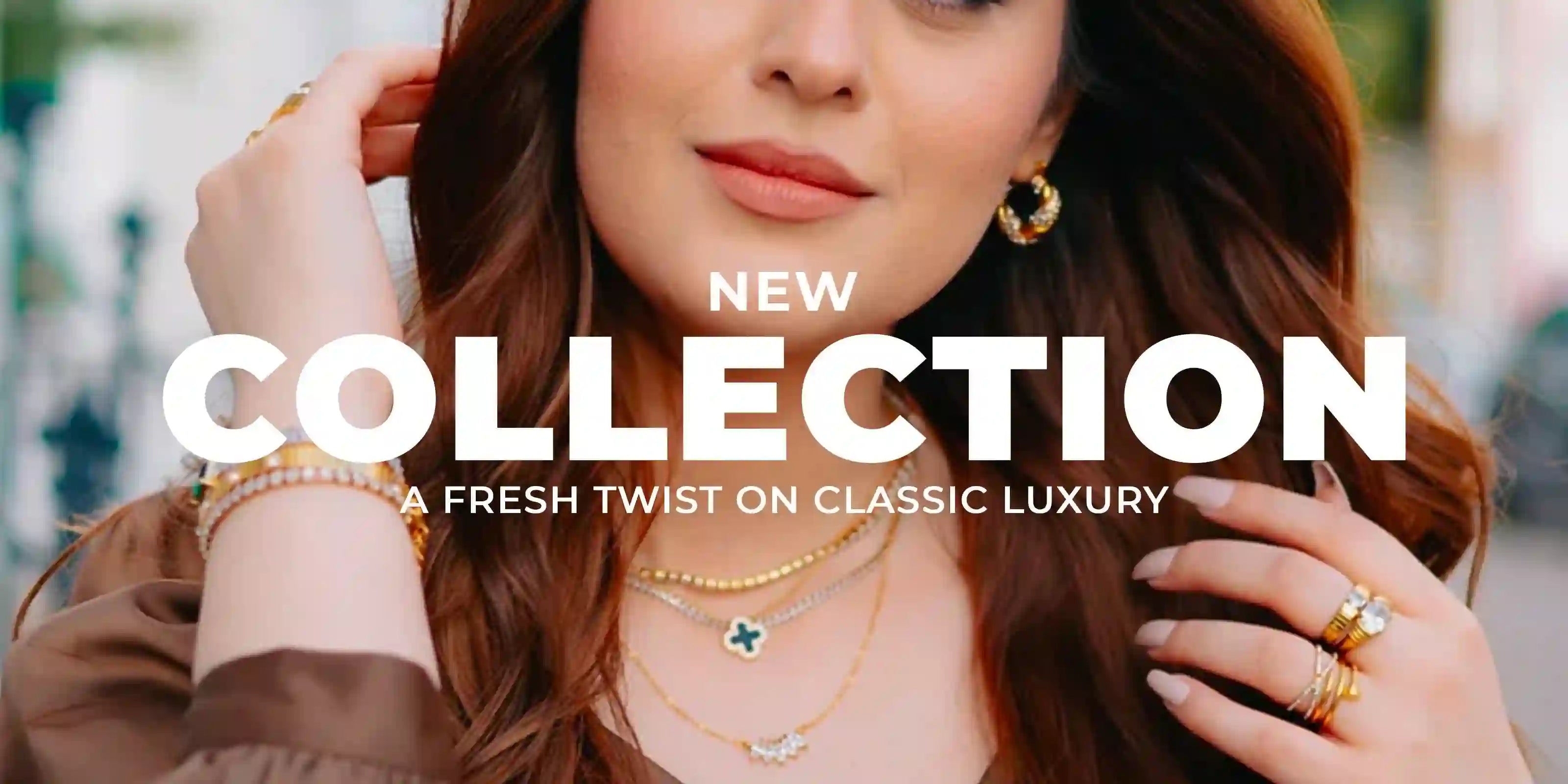 Text New Jewelry Collection with a Girl wearing earrings, necklace, chains and rings in background