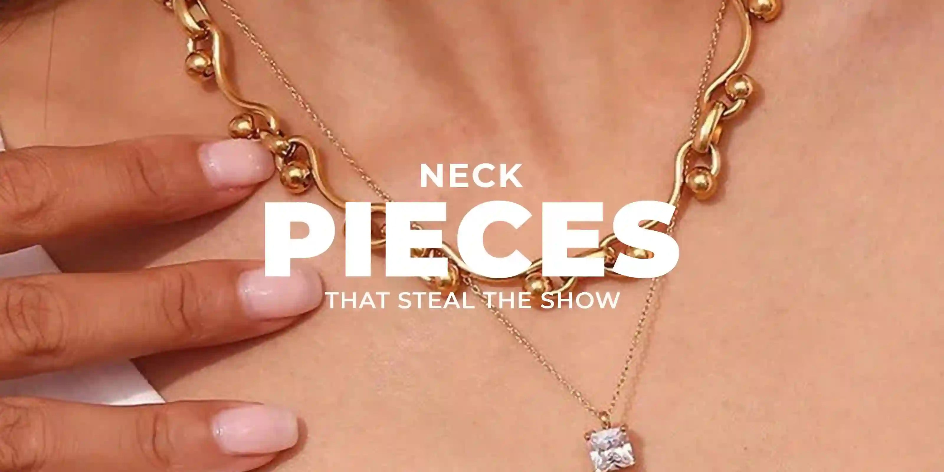 Woman wearing 18k Gold Plated bold chain necklace and delicate pendant necklace