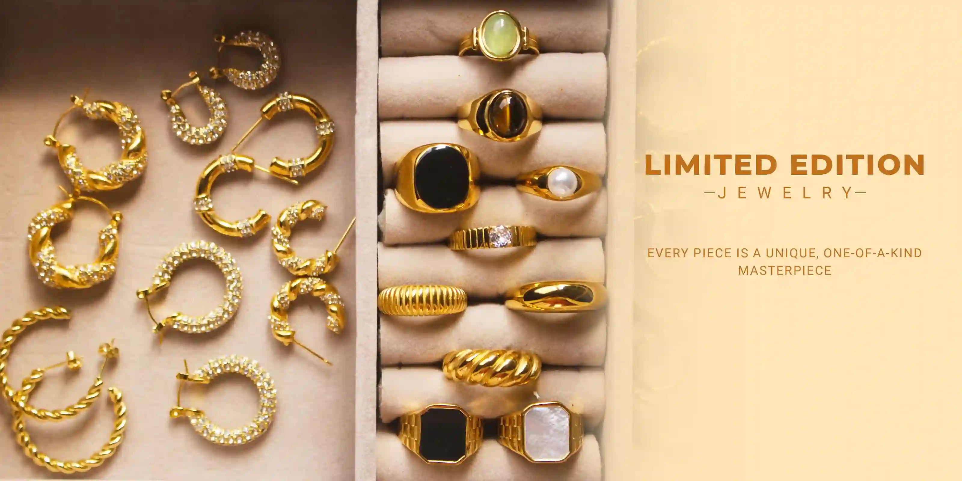 Limited edition gold rings and hoop earrings jewelry collection in elegant display box