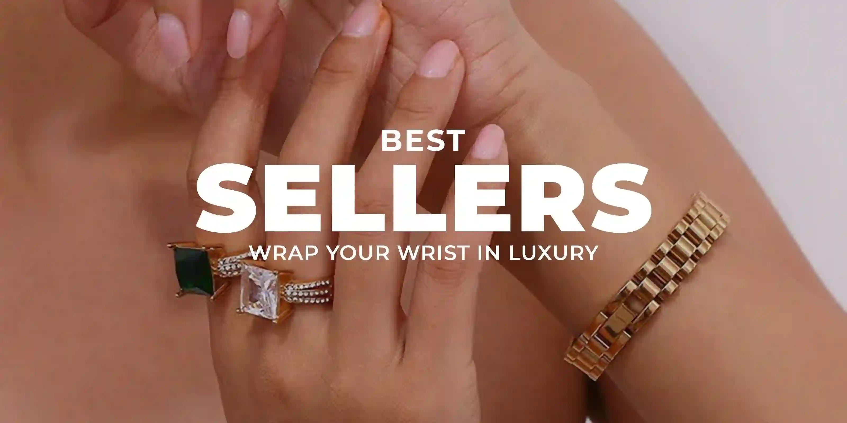 Woman wearing 18k Gold Plated rings and gold bracelet, luxury jewelry close-up