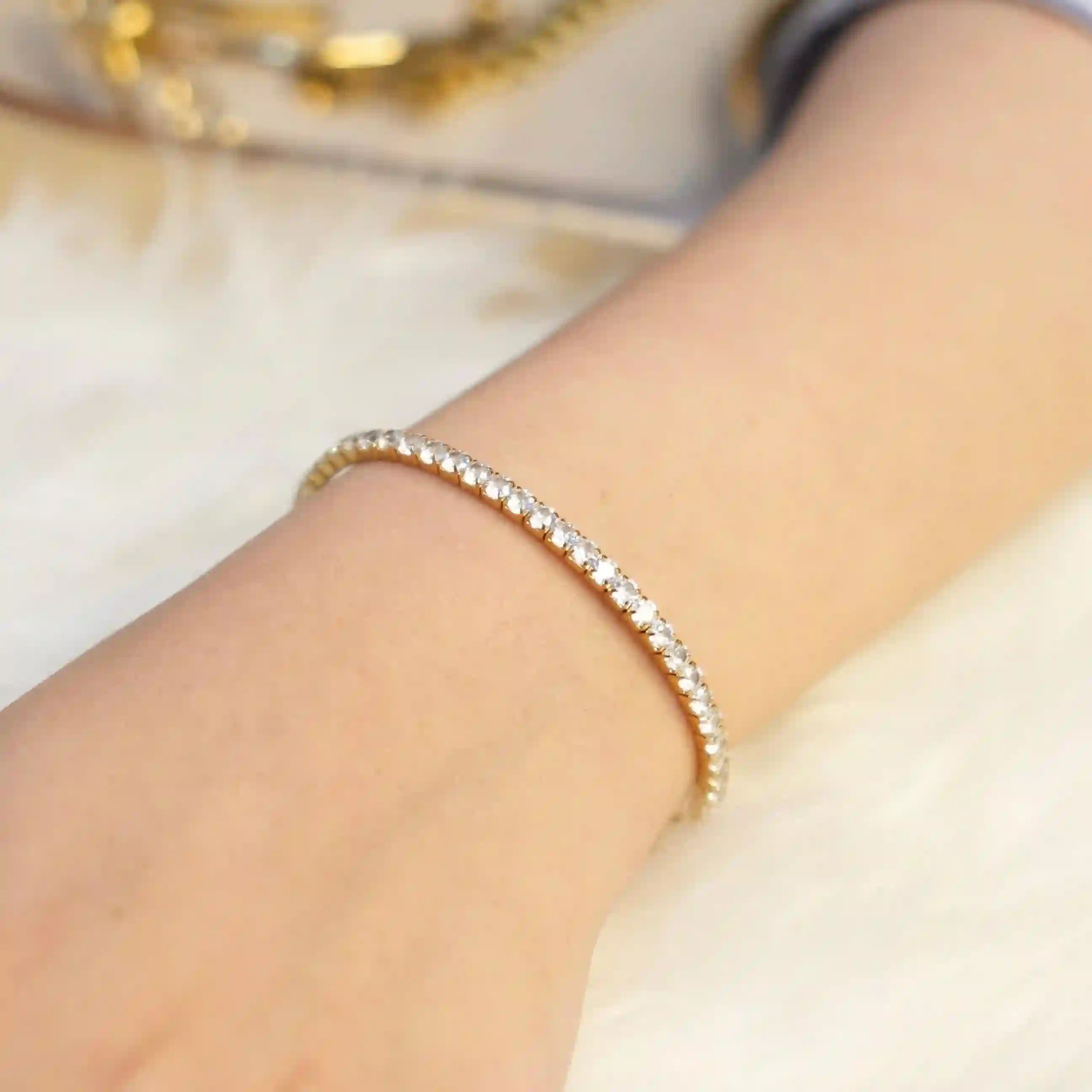 Wearing Flexitennis. 18k Gold Plated Tennis Bracelet. Buy Online at Mithra and Co.