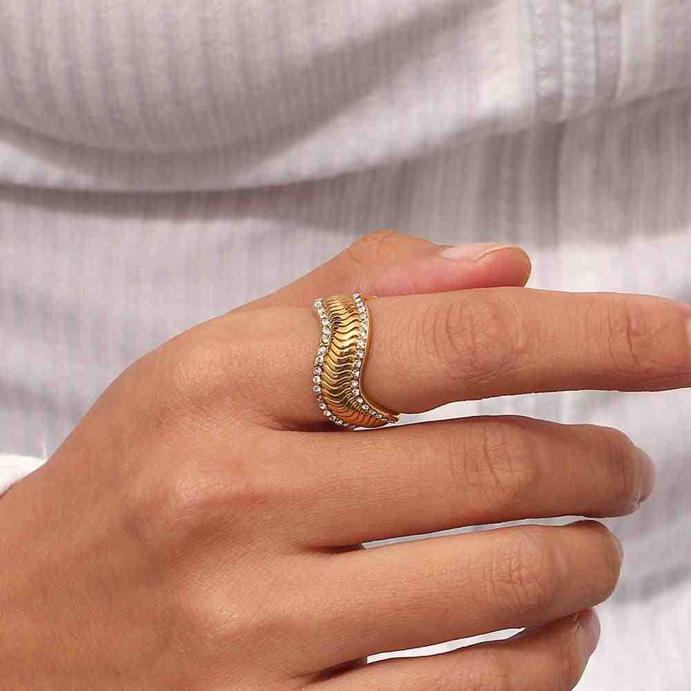 Wearing Gold Plated Curved Ring. Buy Elysian Band ring Online at Mithra and Co.