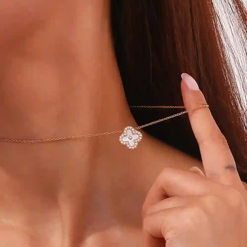 Girl Wearing 18k Gold Plated Opal Clover Necklace. Buy Online at Mithra and Co.