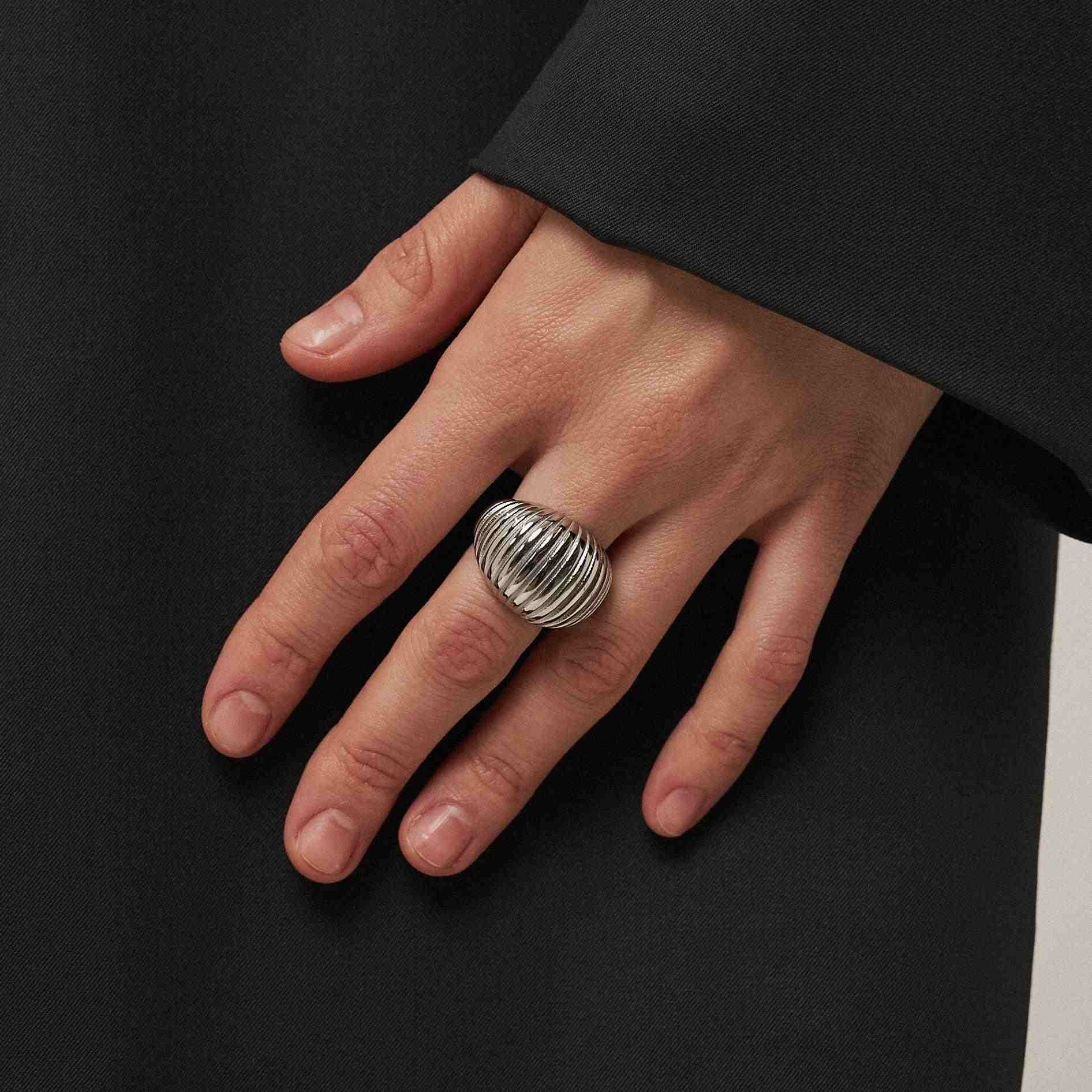 Wearing Lumiere 925 silver plated Baguette Style ring. Shop Online at Mithra and Co.