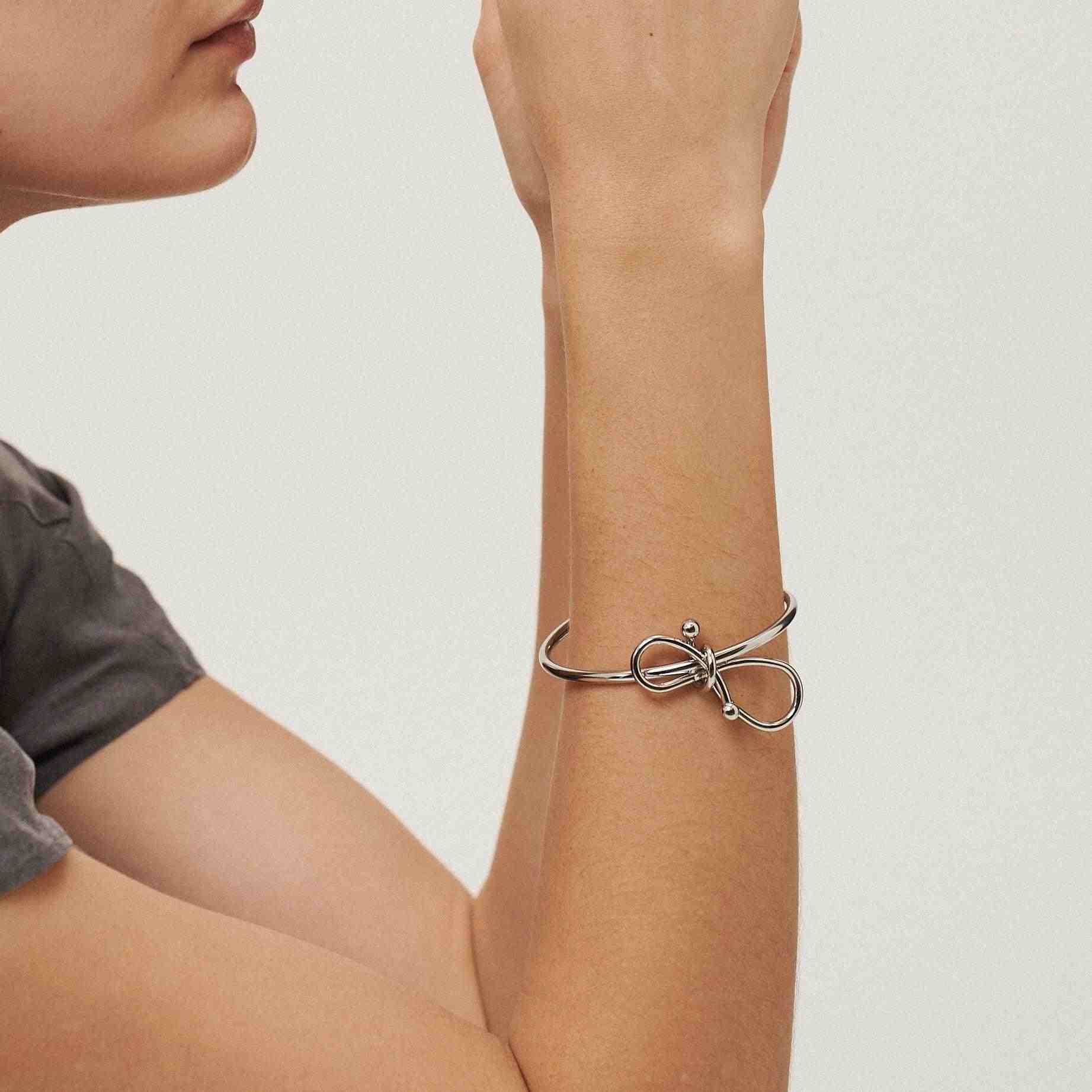 Girl wearing 925 silver plated Cuff Bracelet: Buy Online.
