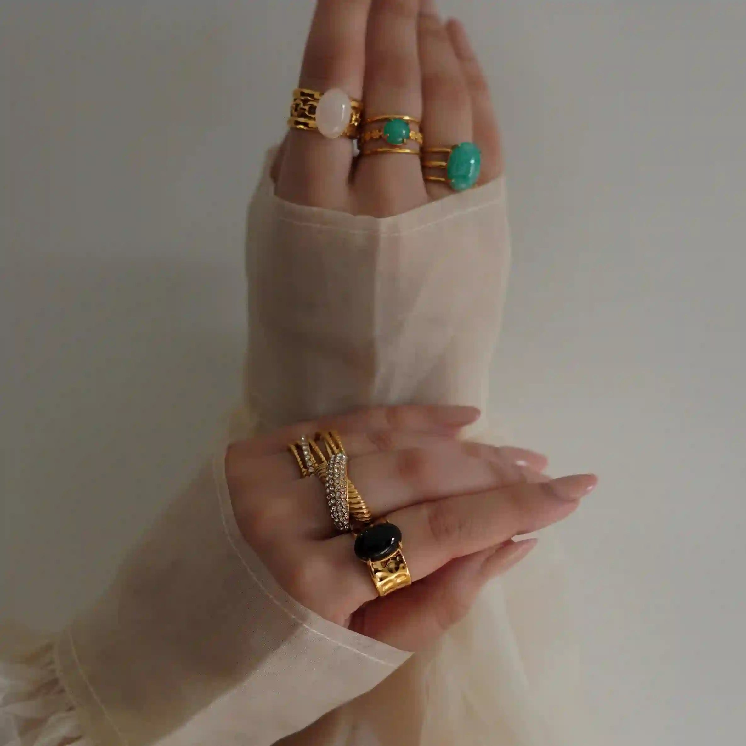 Wearing 18k Gold plated Rings. Buy Online at Mithra and Co.