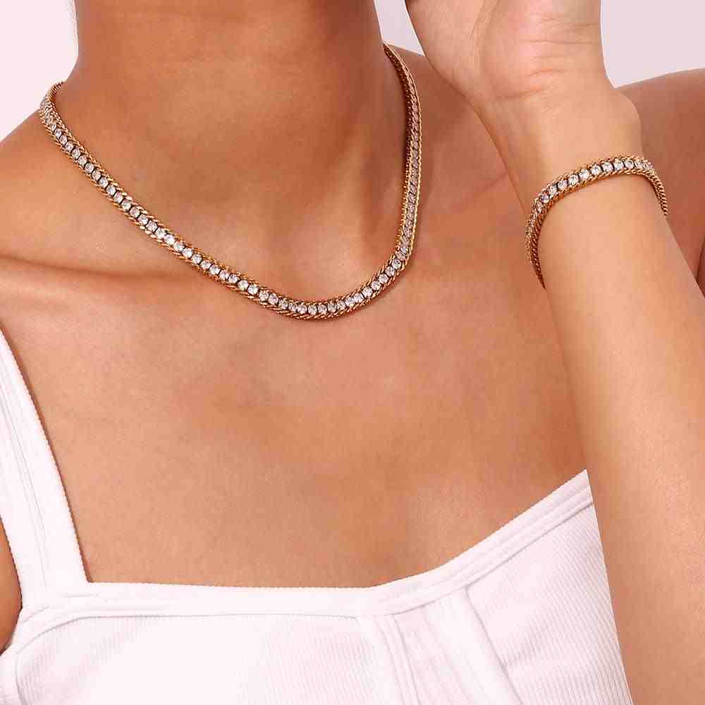 Girl wearing 18k Gold Plated Choker Necklace - Luster Necklace. Buy Online at Mithra and Co.