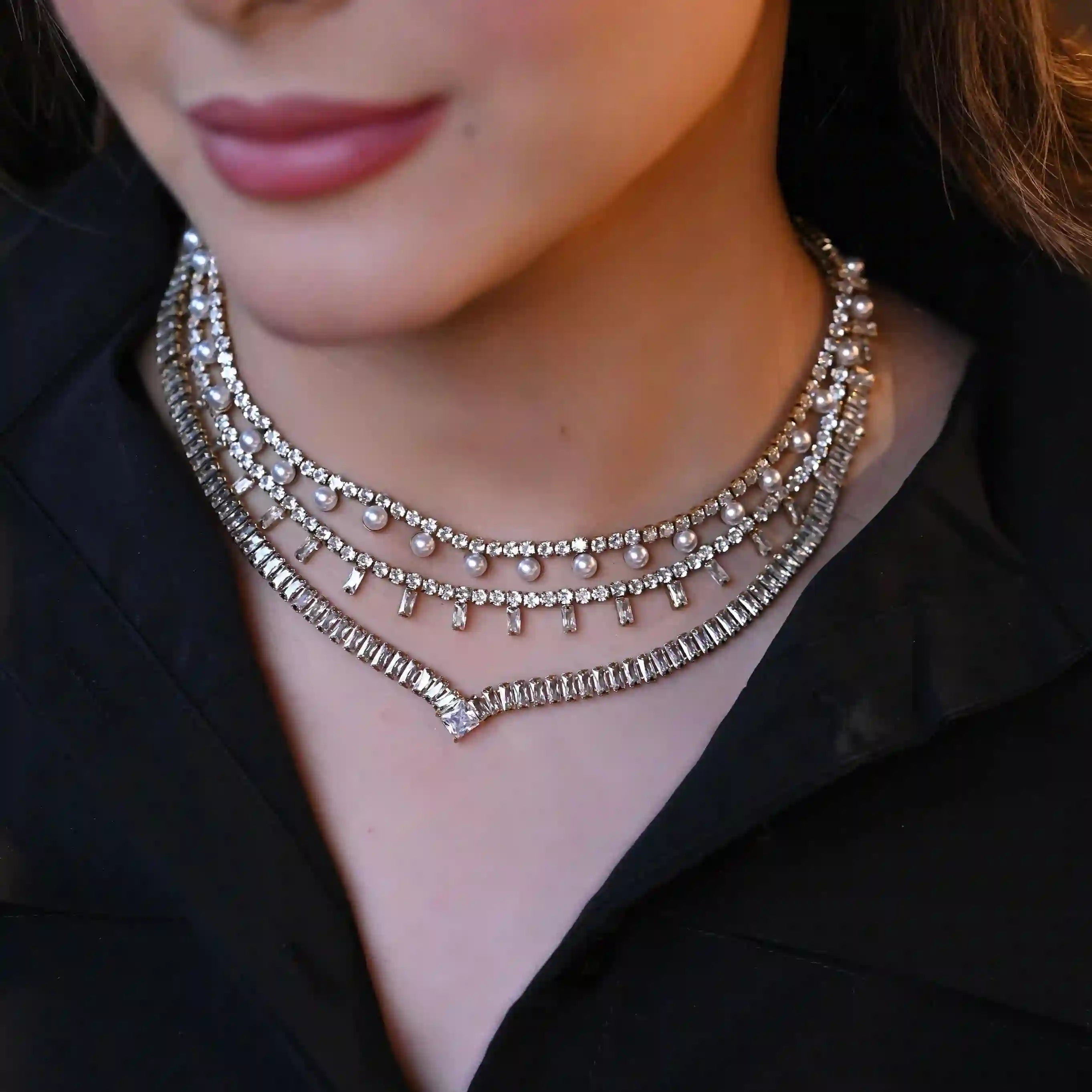 Girl wearing 18k Gold Plated White Pearl Necklace - Regal Emblem. Buy now.