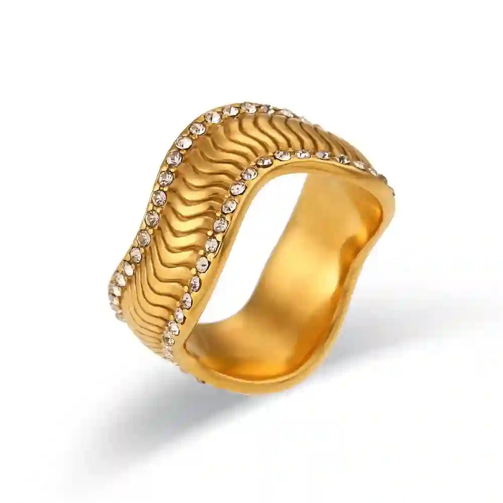 Wave Ring - Shop 18k Gold Plated Elysian Band Online. Curved ring with Zircons.