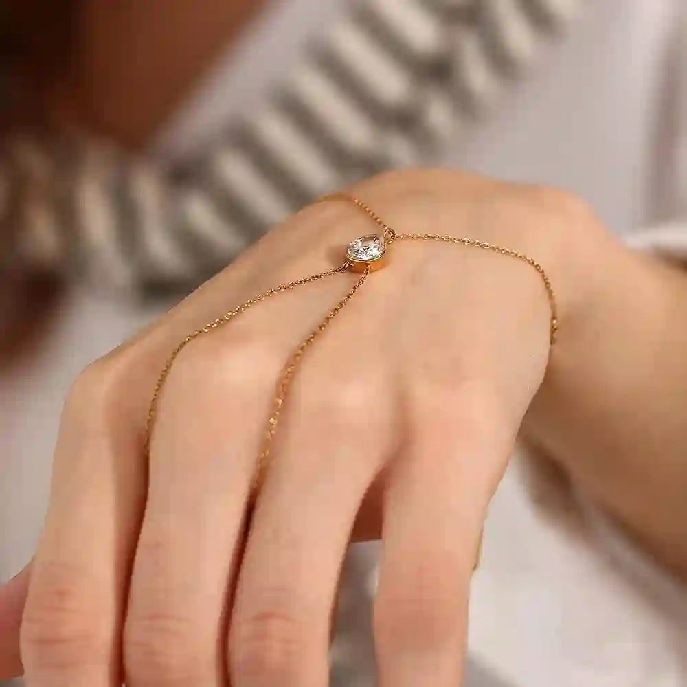 Wearing Hand Chain Ring Bracelet. Seraphina. Buy Online at Mithra and Co.