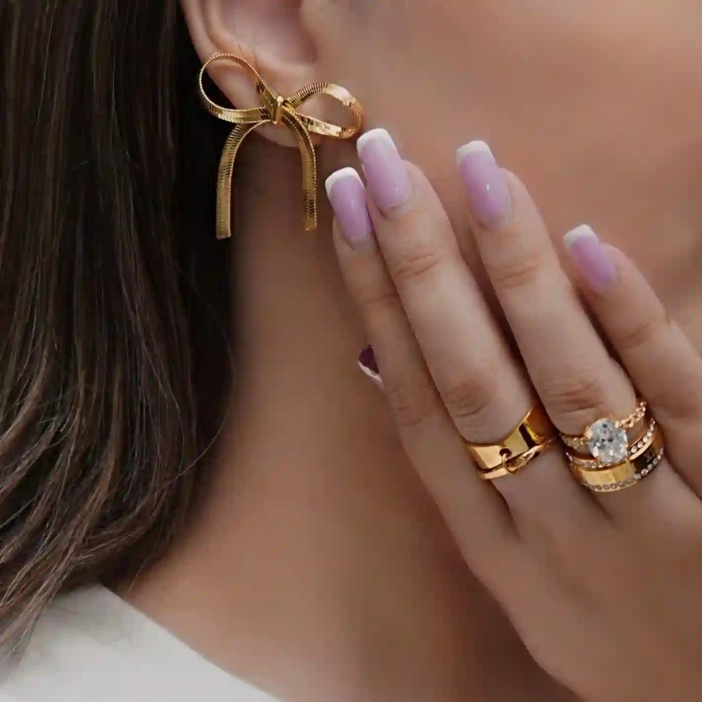 Girl Wearing 18k Gold Plated Ring Band. Buy now at Mithra and Co.