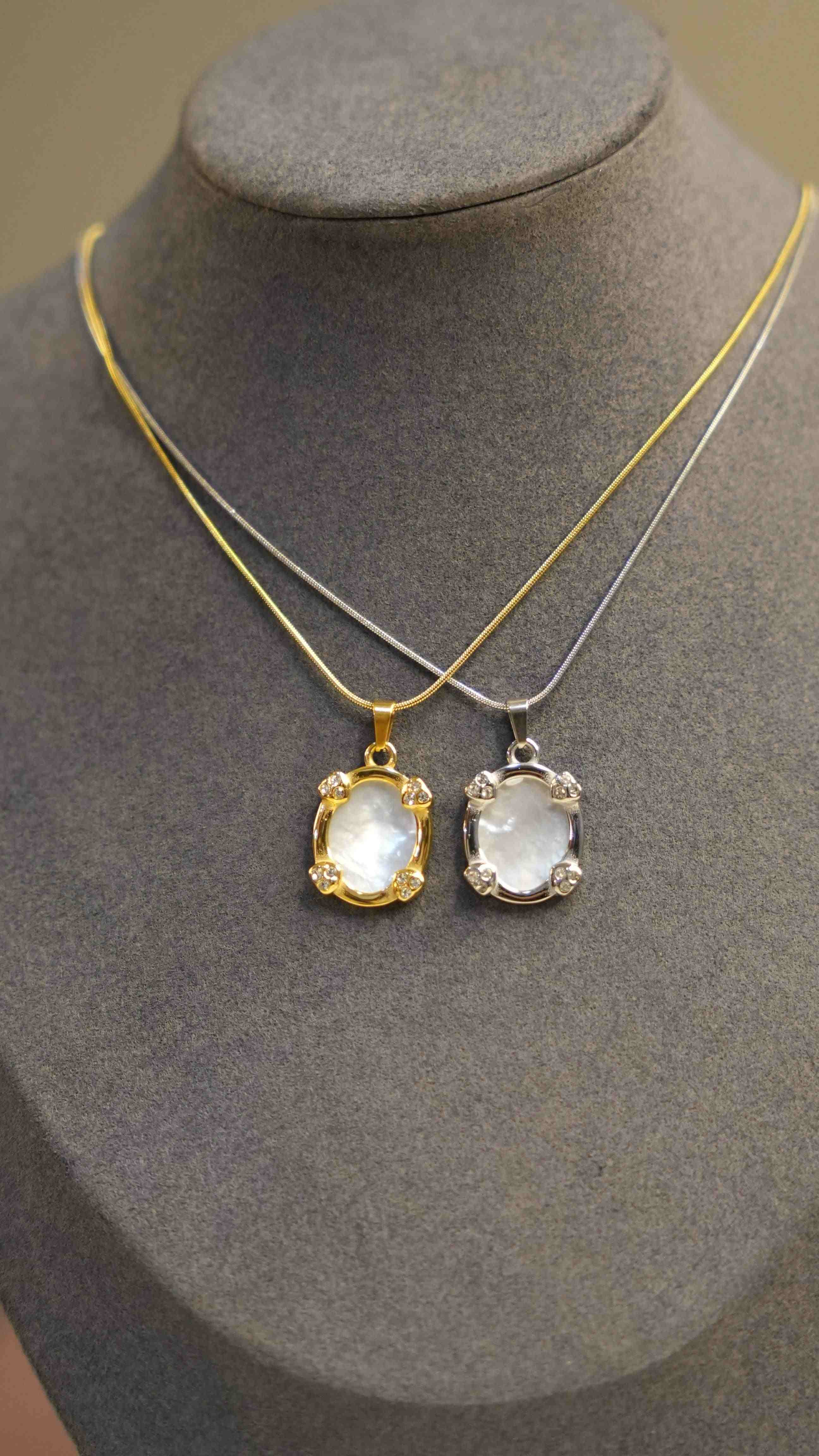Dummy Wearing 18k Gold and 925 Silver Plated White Marble Pendant - Mirage Necklace.
