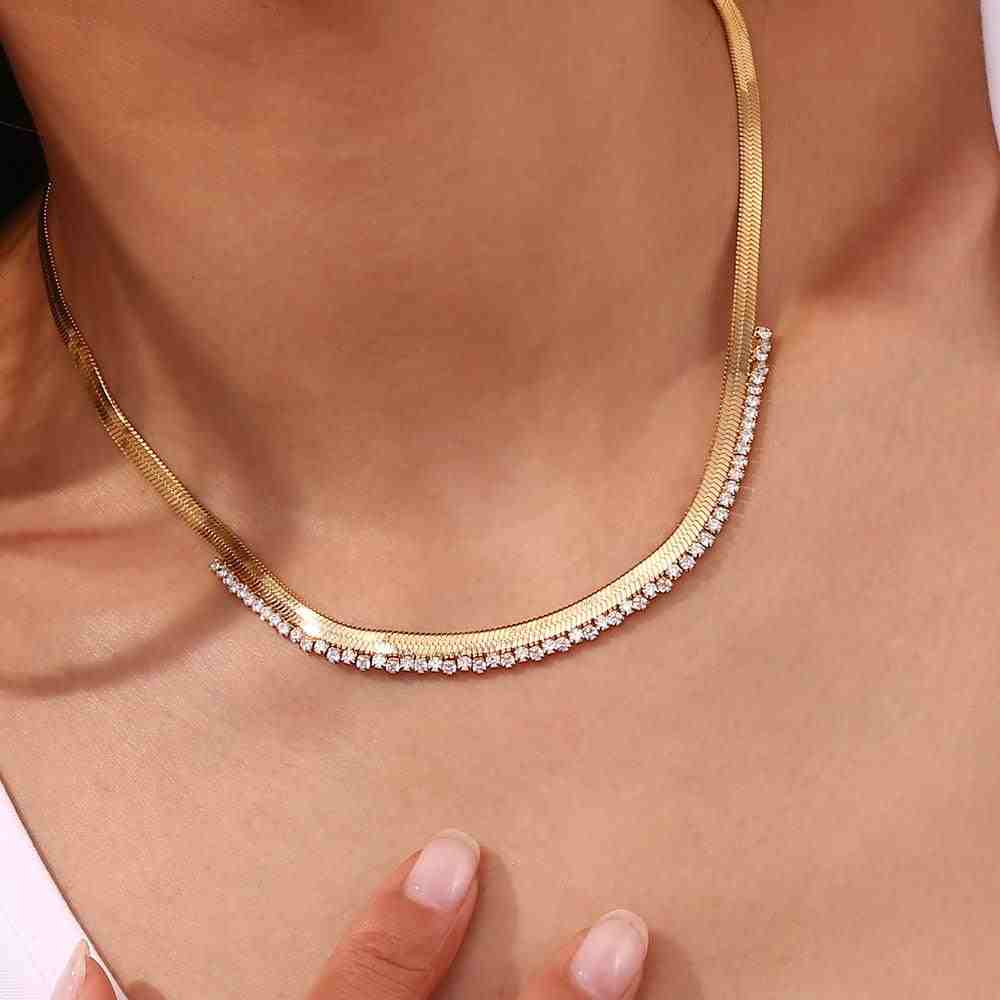 Girl wearing 18k Gold Plated Necklace Serenade. Shop at Mithra and Co.