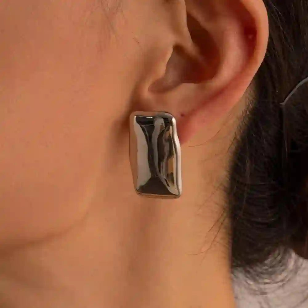 Wearing 925 Silver Plated Rectangle  Shape Earrings - Pharaoh SIlver. Buy Now at Mithra and Co.