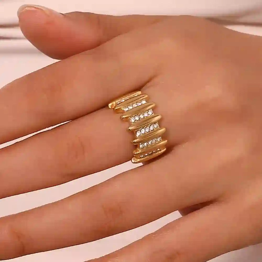 Wearing Linear Bar ring. Shop 18k gold plated ring with lines Online at Mithra and Co.