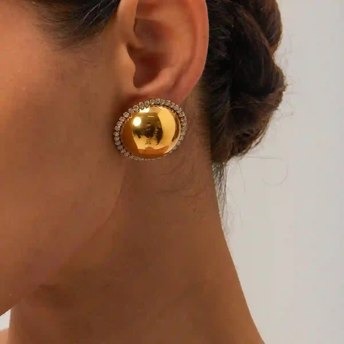 Girl wearing Gold Circular Earrings - Pizzaz. 18k gold plated. Shop Online at Mithra and Co.