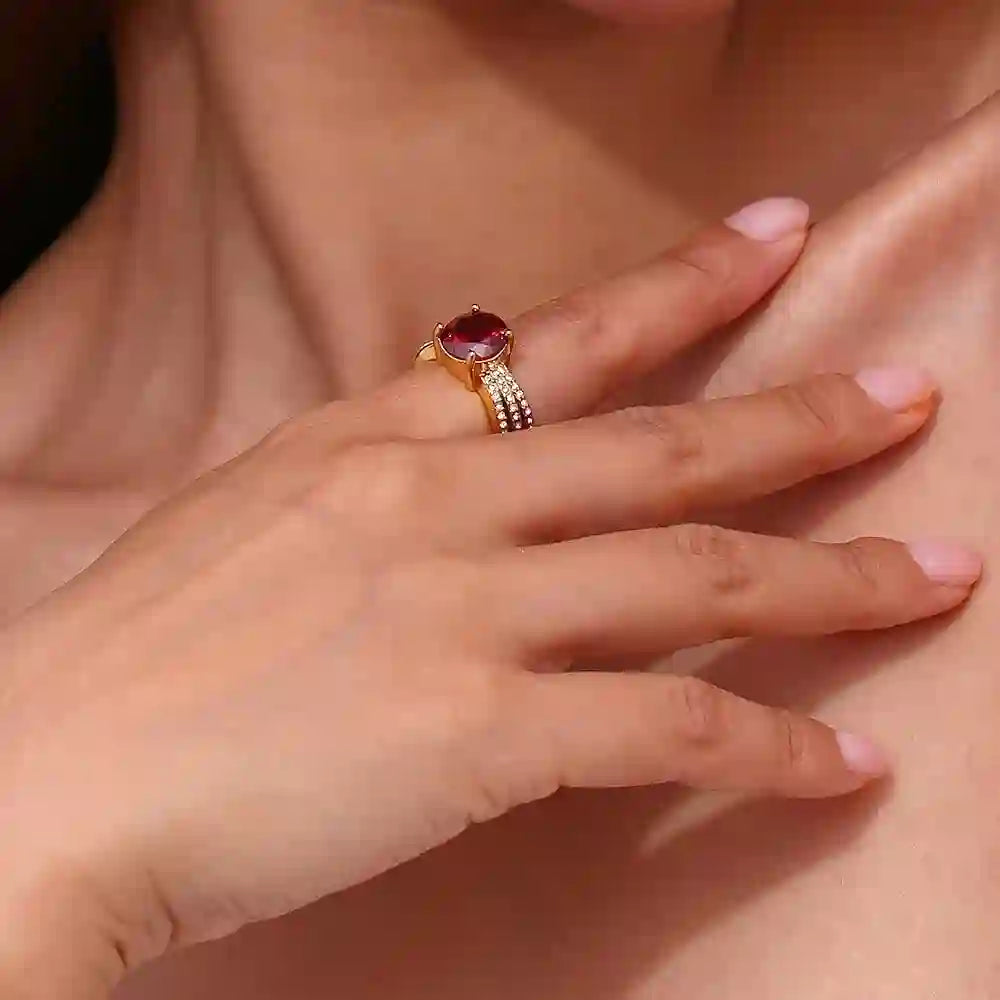 Girl wearing 18k gold plated Waterproof anti-scratch ring Aurora Ruby, Buy Online.