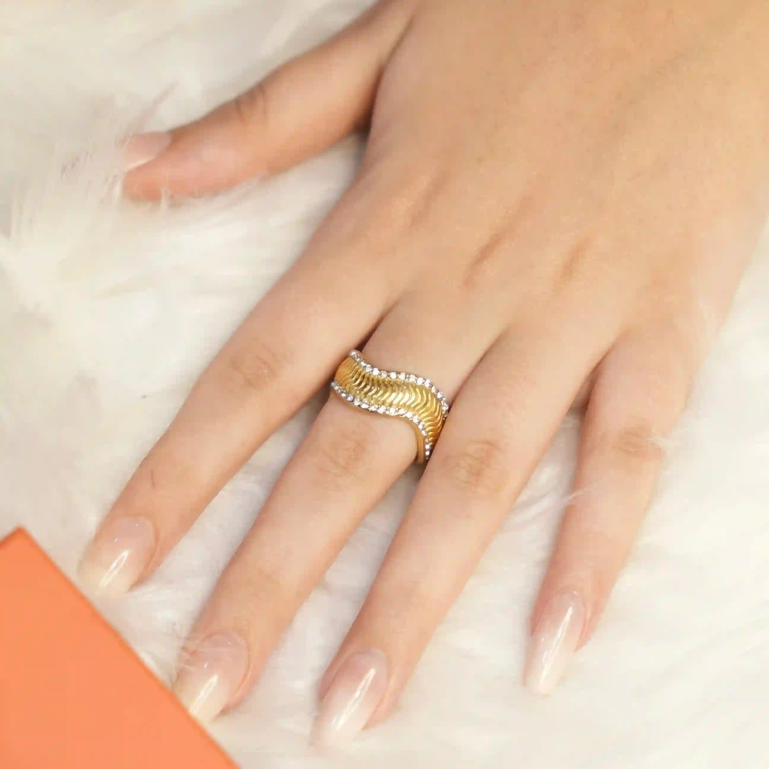 Wearing 18k Gold Plated Wide Ring with Zircons. Buy Online at Mithra and Co.