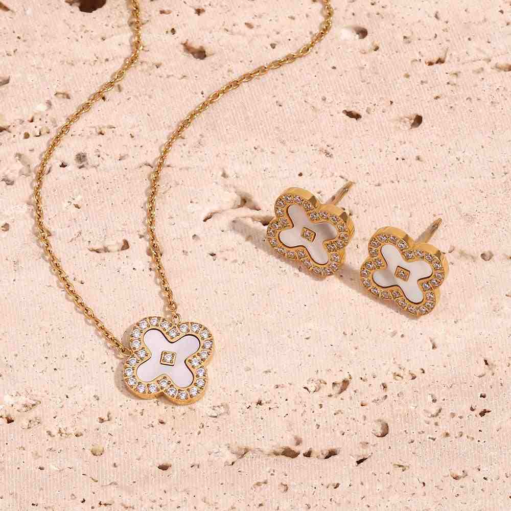 18k Gold Plated Opal Studs - White Clover Earrings. Shop at Mithra and Co.