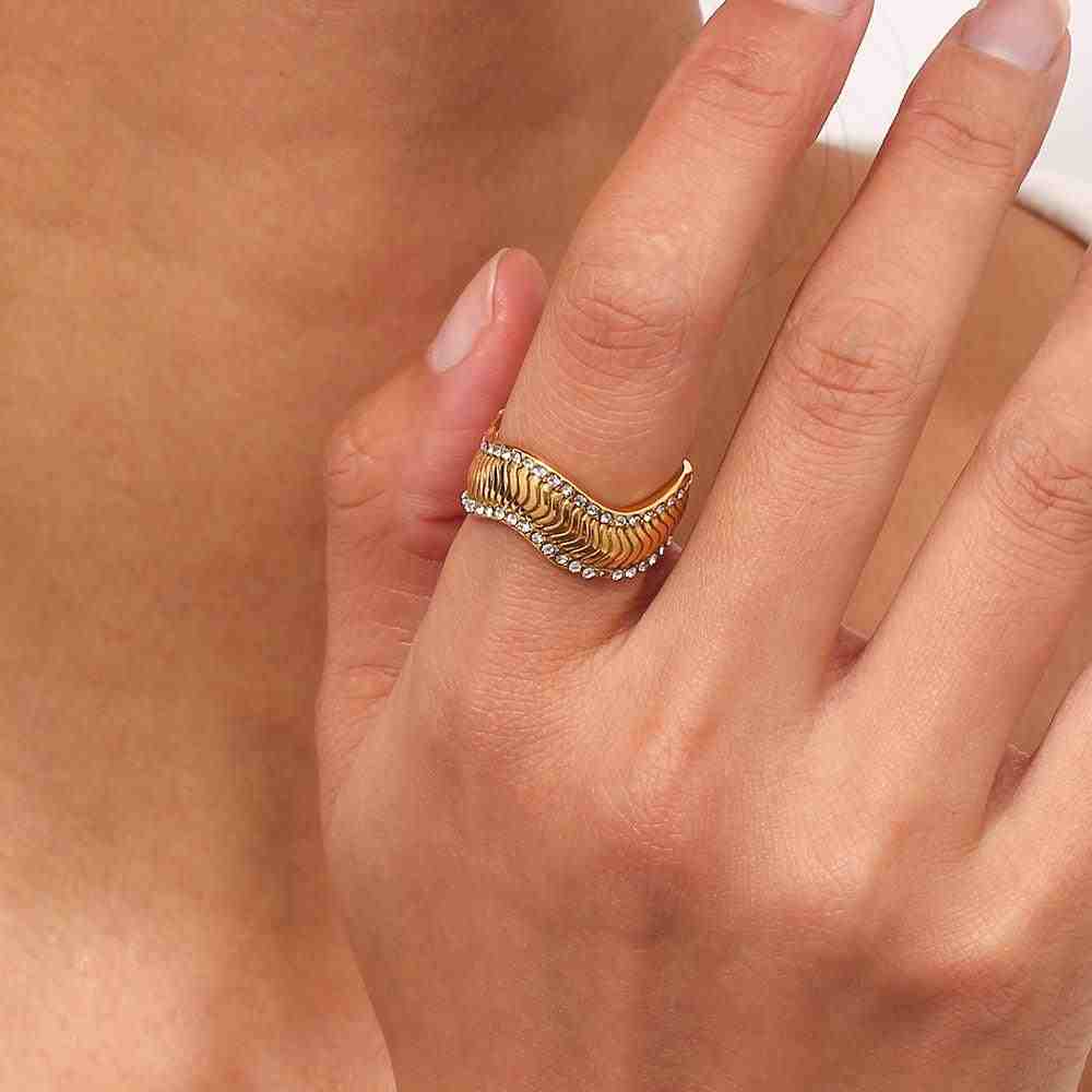 Wearing 18k Gold Plated Elysian Band .Curved Ring with Zircons. Buy Wave ring.