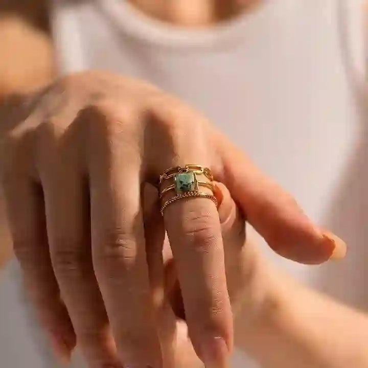Girl Wearing Amulet RIng. Shop 18k Gold Plated at Mithra and Co