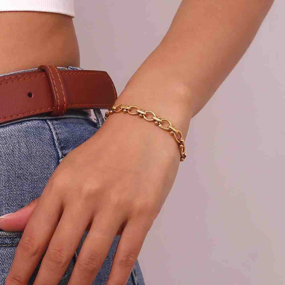 Wearing 18k Gold Plated Chain Bracelet - Delulu on wrist. Buy Online at Mithra and Co.