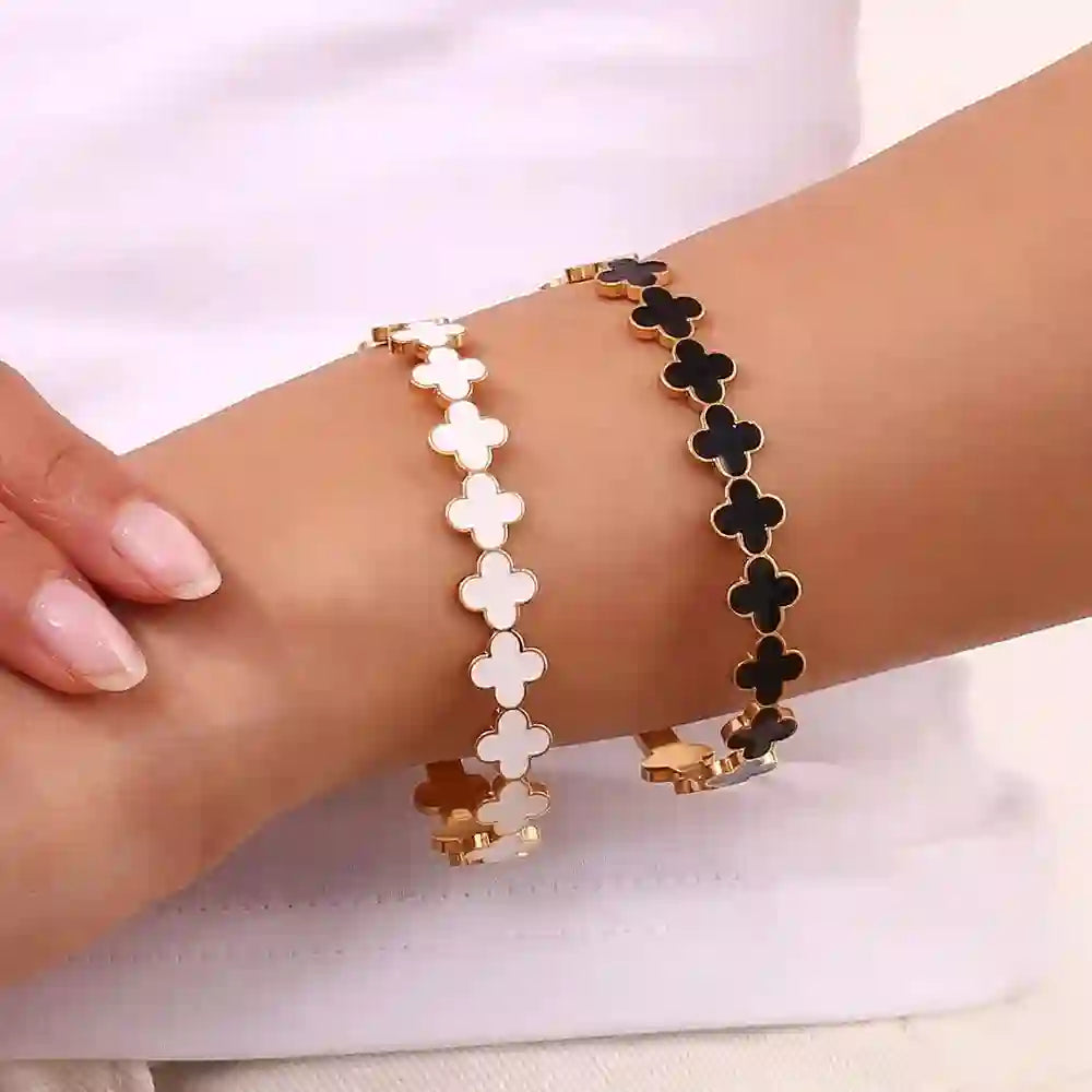 Girl wearing Gold Plated Cuff bangle - Ebony Black. Shop at Mithra and Co.