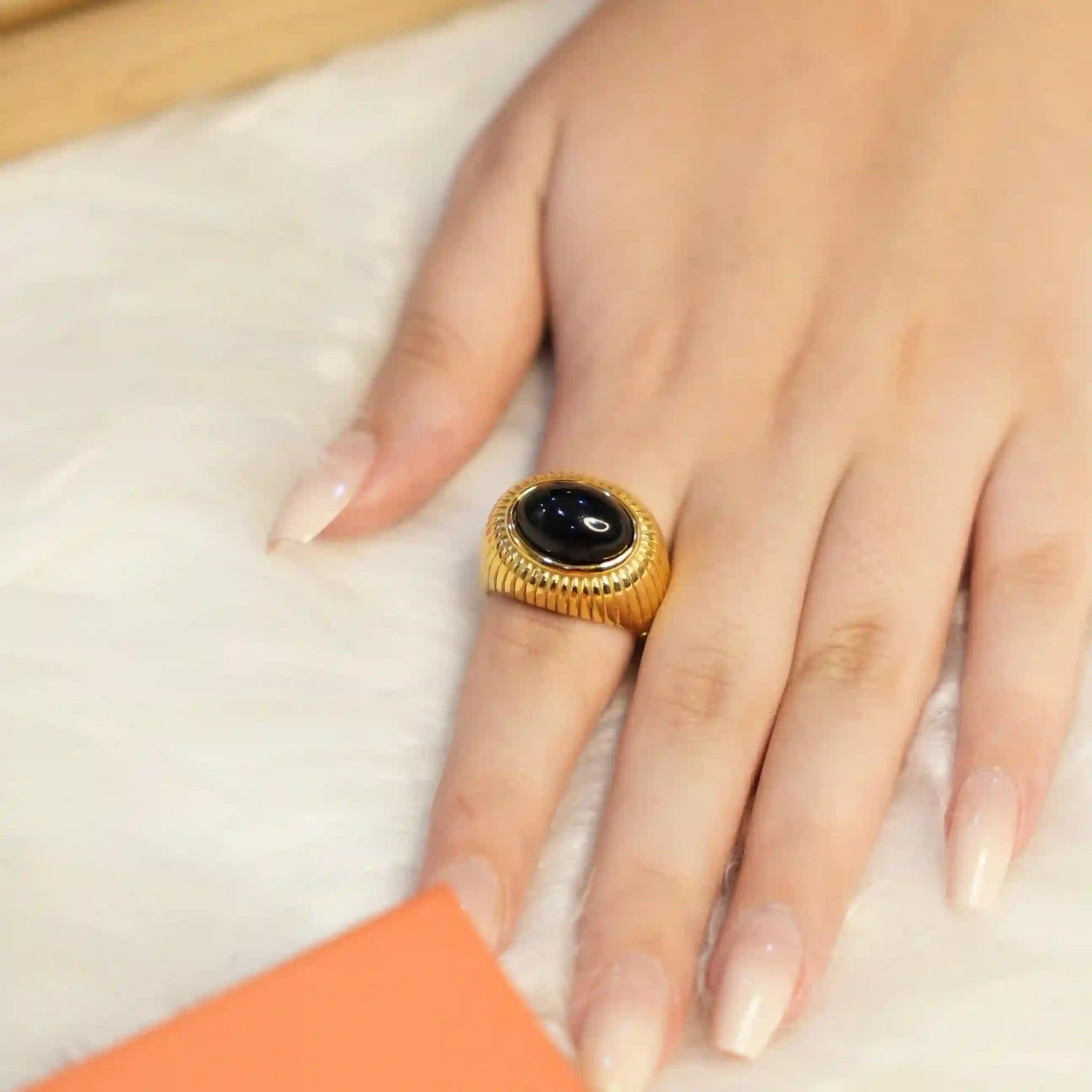 Girl wearing Black Onyx Stone ring - Phantom. Buy Online at Mithra and Co.