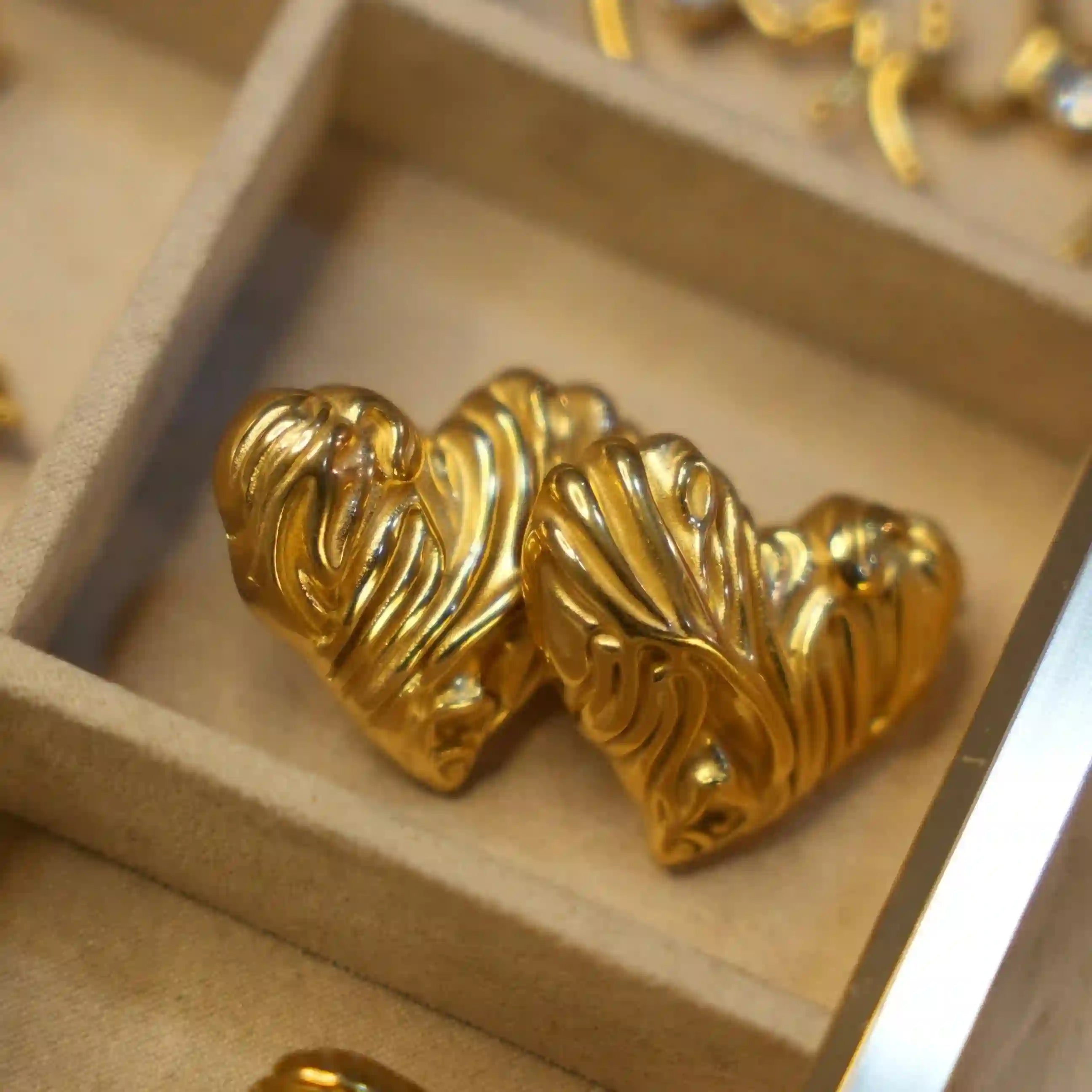Gold Plated heart earrings. Shop at Mithra and Co.