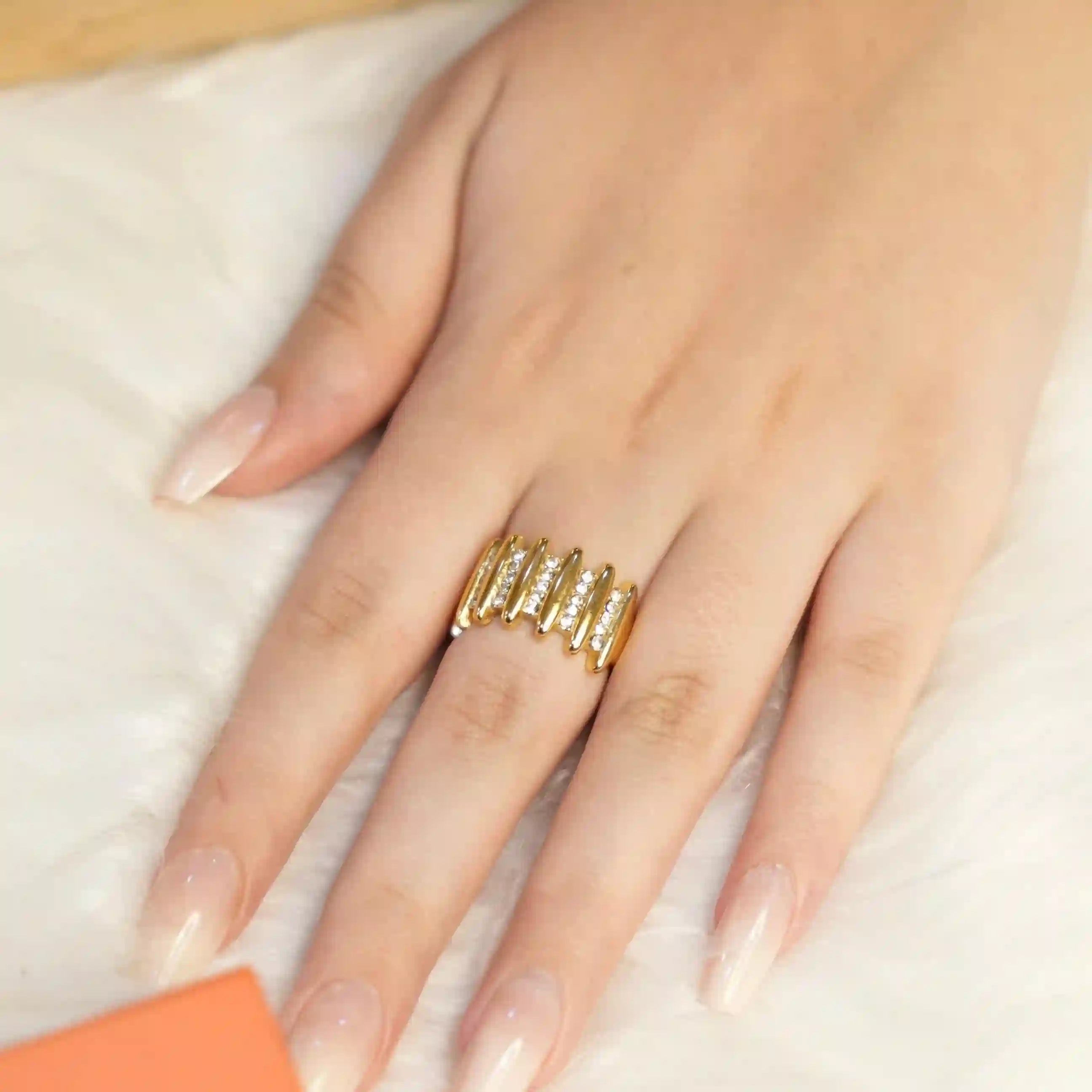 Wearing 18k Gold Plated Ring with Lines. Shop Linear Bar Ring Online.