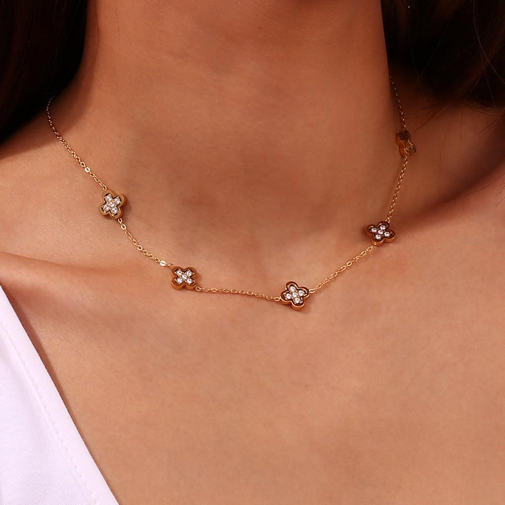 Girl wearing 18k Gold Plated Necklace. Buy at Mithra and Co.