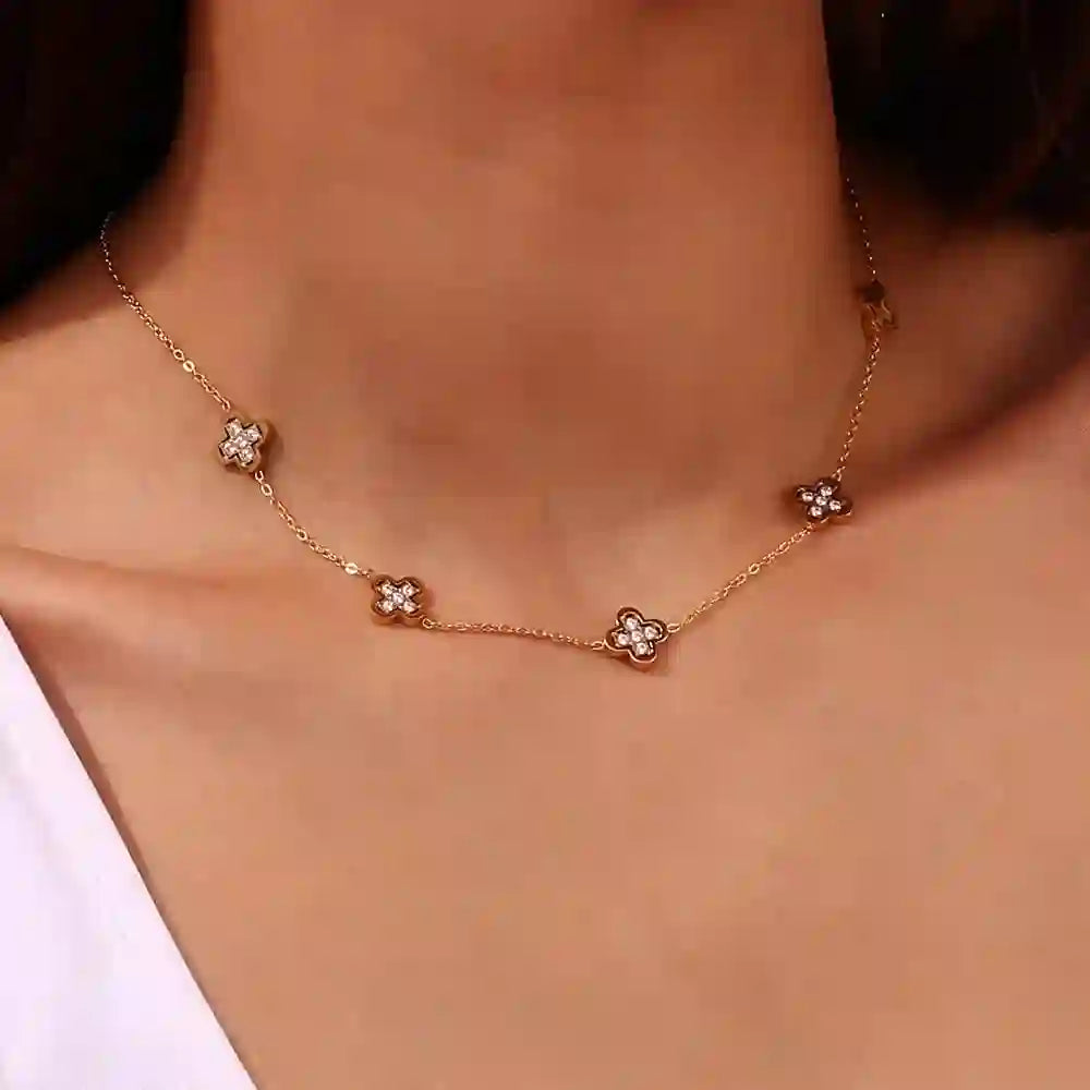Girl wearing 18k Gold Plated Necklace. Buy at Mithra and Co.