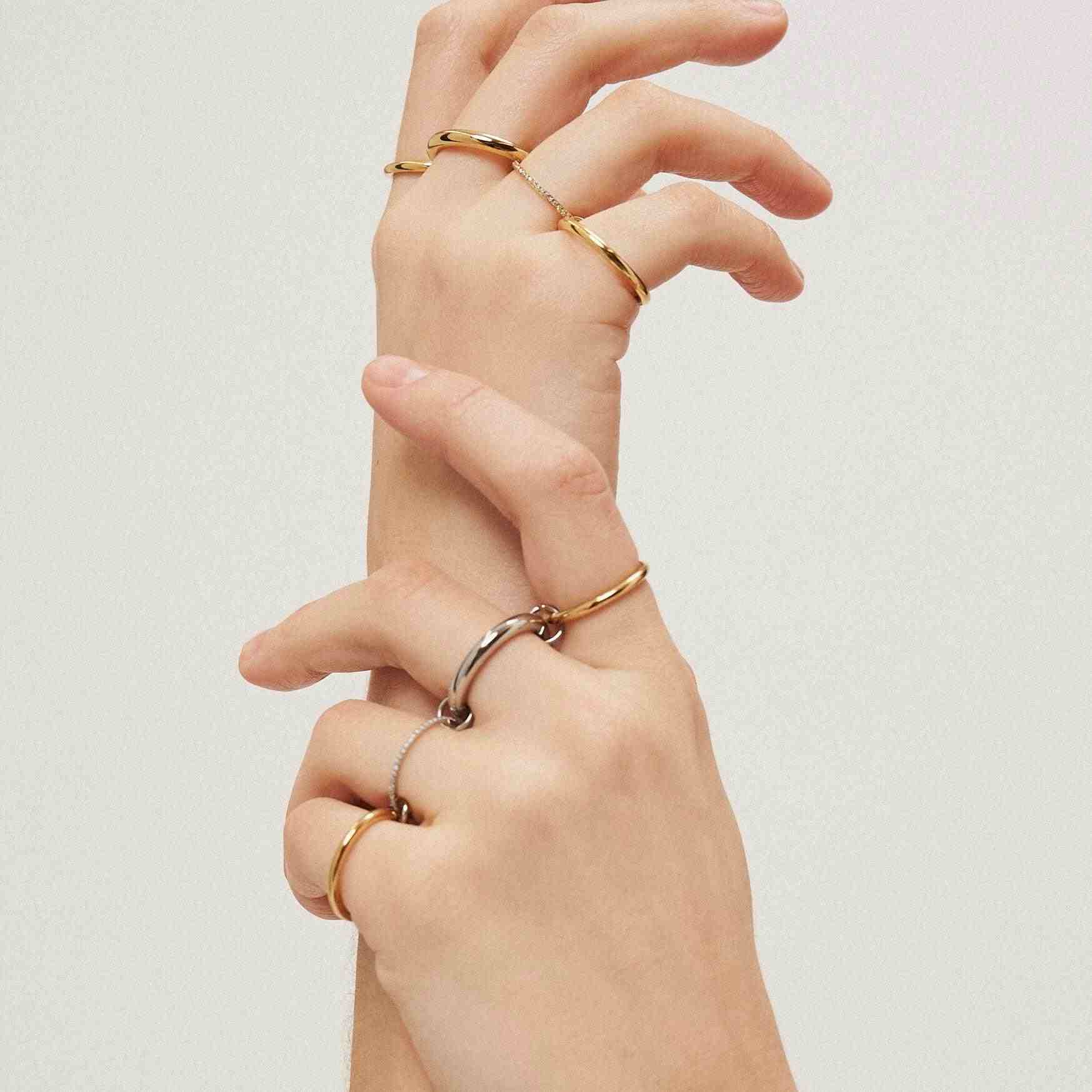 Wearing Gold Plated Stacking Rings . Shop Online at Mithra and Co.