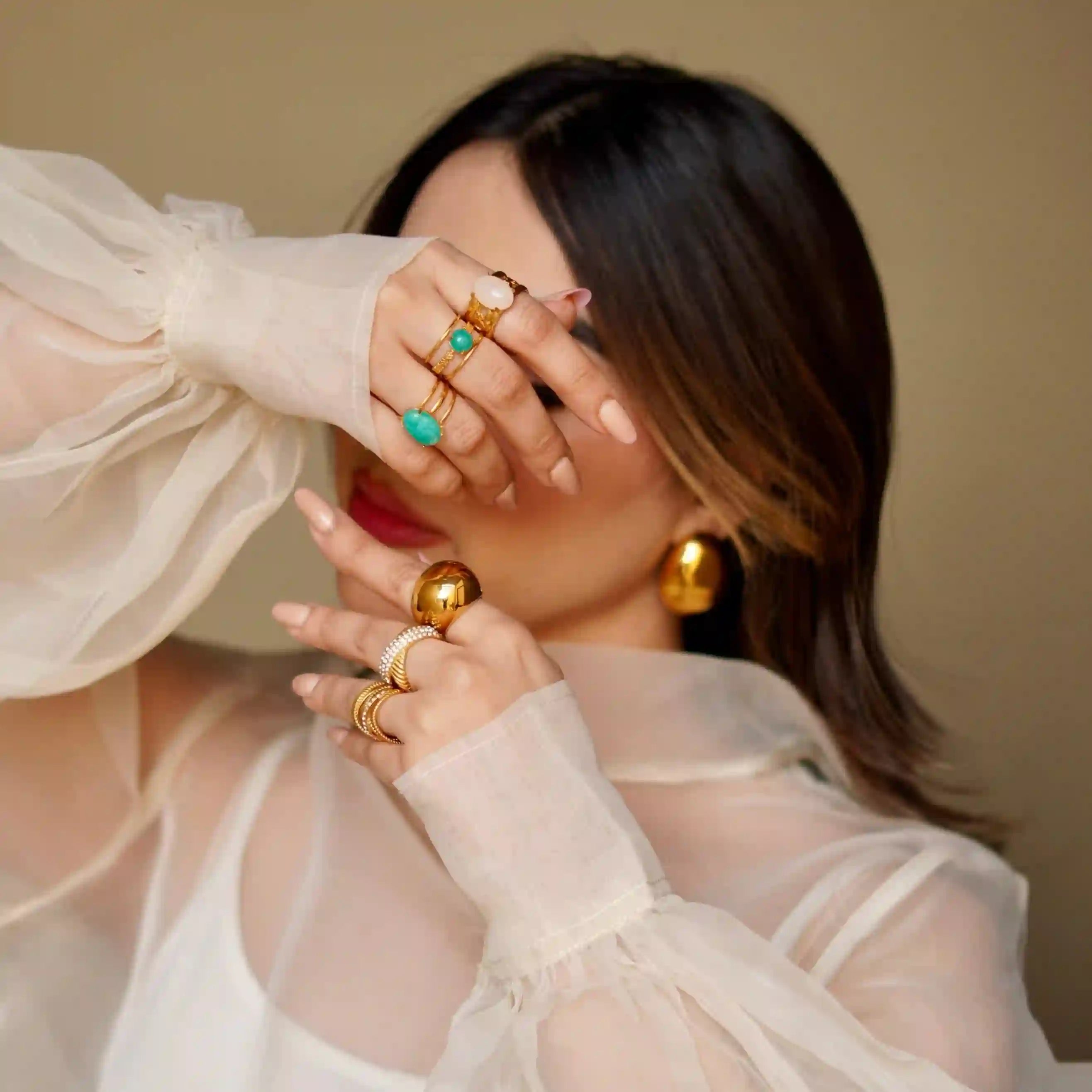 Wearing 18k Gold Plated Rings. Buy Online at Mithra and Co.