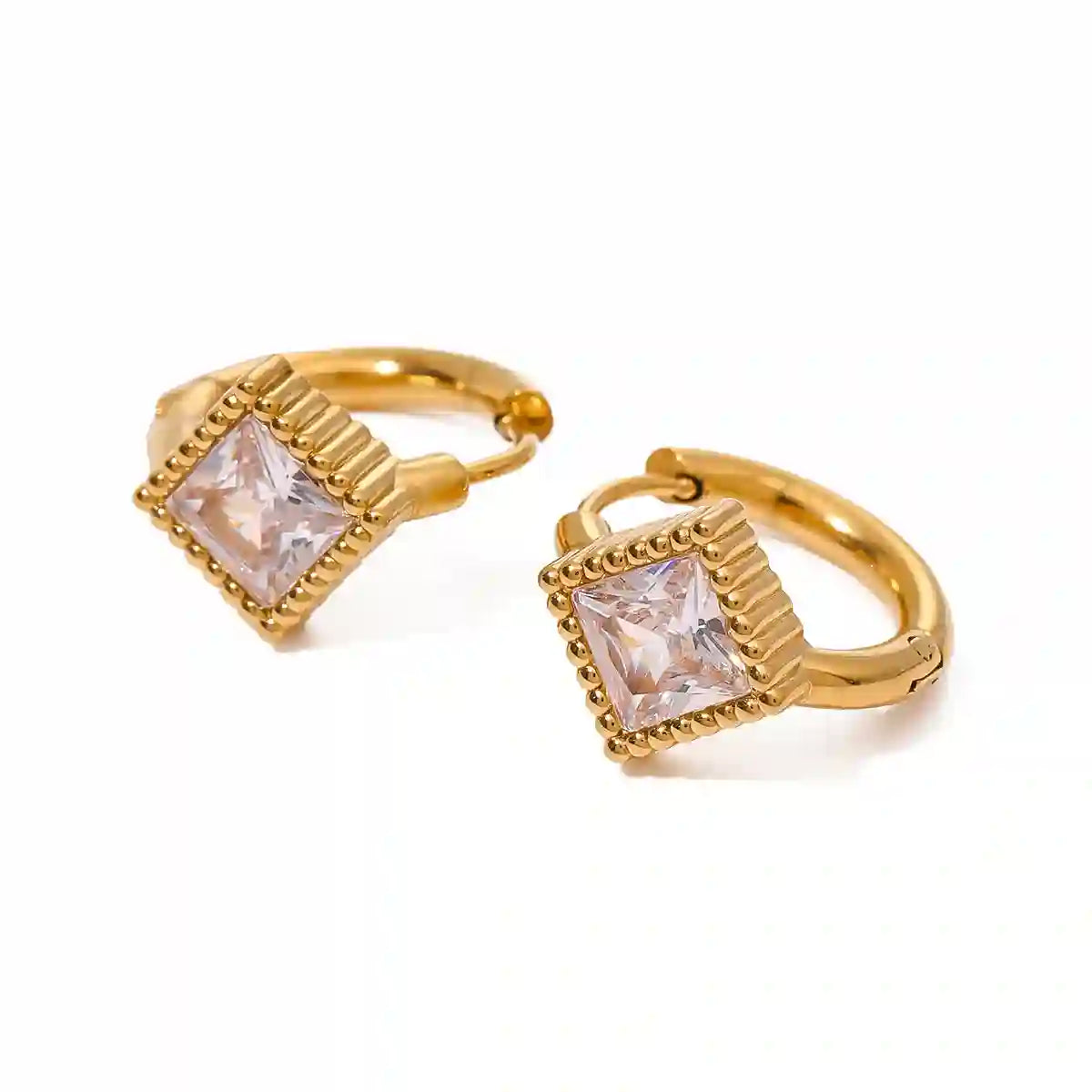Shop Echo Huggie Hoop Earrings Square Zirconia. 18k Gold Plated at Mithra and Co.