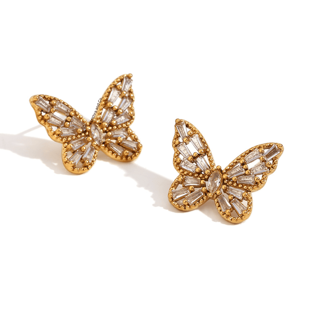 Enchanted Flutter - 18k Gold Plated Butterfly Earrings Studs. Shop Online at Mithra and Co.