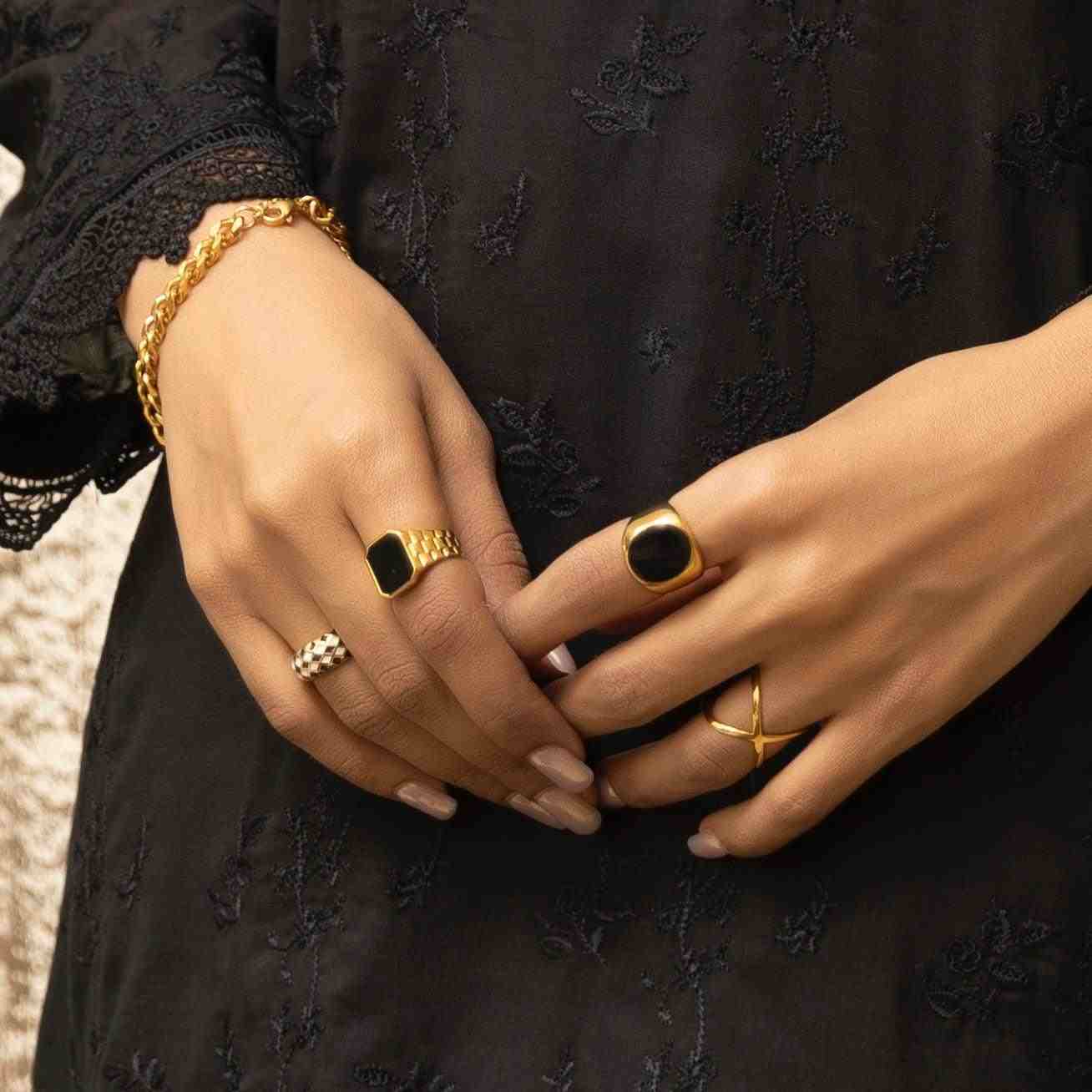 Girl wearing 18k Gold Plated WatchBand Ring. Malachite Black. Shop in Pakistan.