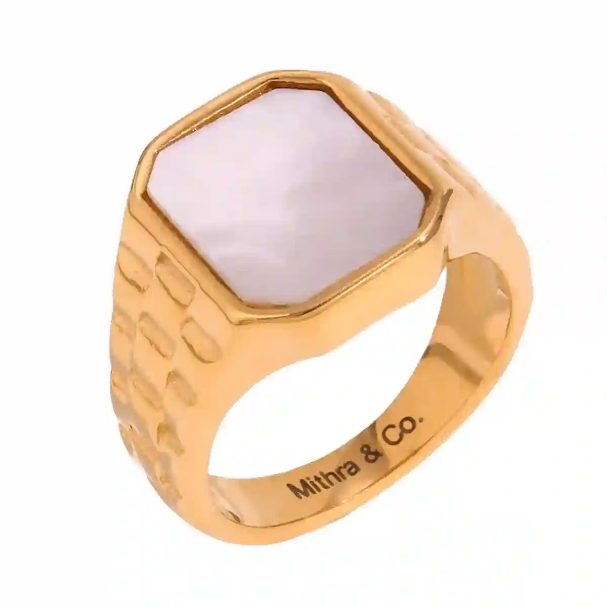 18k Gold Plated Watch Band Style Ring. Malachite White. Shop at Mithra and Co.